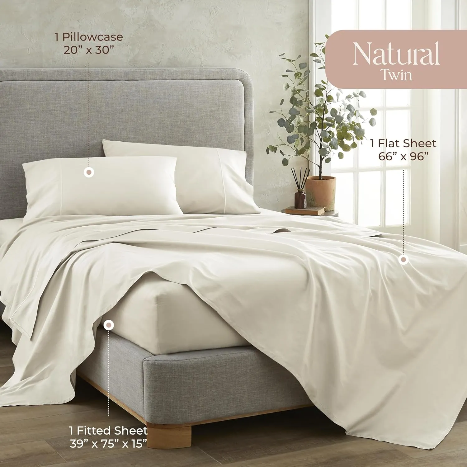 100% Organic Cotton Sheets Twin Size - GOTS Certified Organic Bed Sheets with Deep Pocket Breathable and Cozy Sateen Weave Gets Softer with Each Wash - Luxury 3 Piece Set (Natural, Twin)