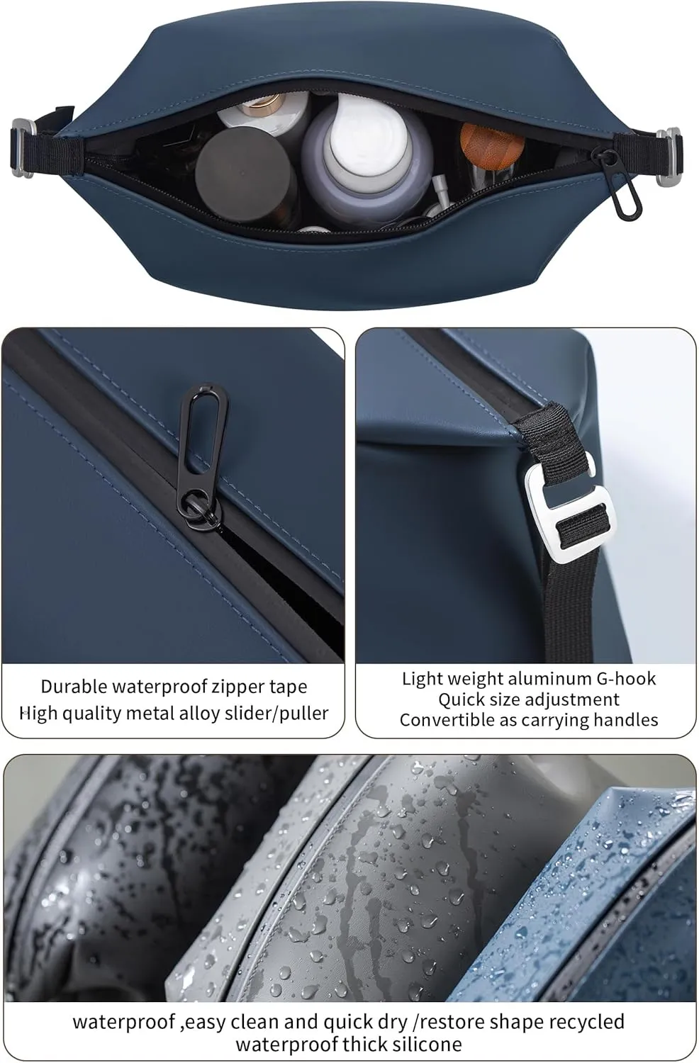 13" 6L Large Silicone Dopp Kit,Waterproof Leakproof Toiletry Bag,Foldable Travel Makeup Case for Mens Womens,Navy Blue