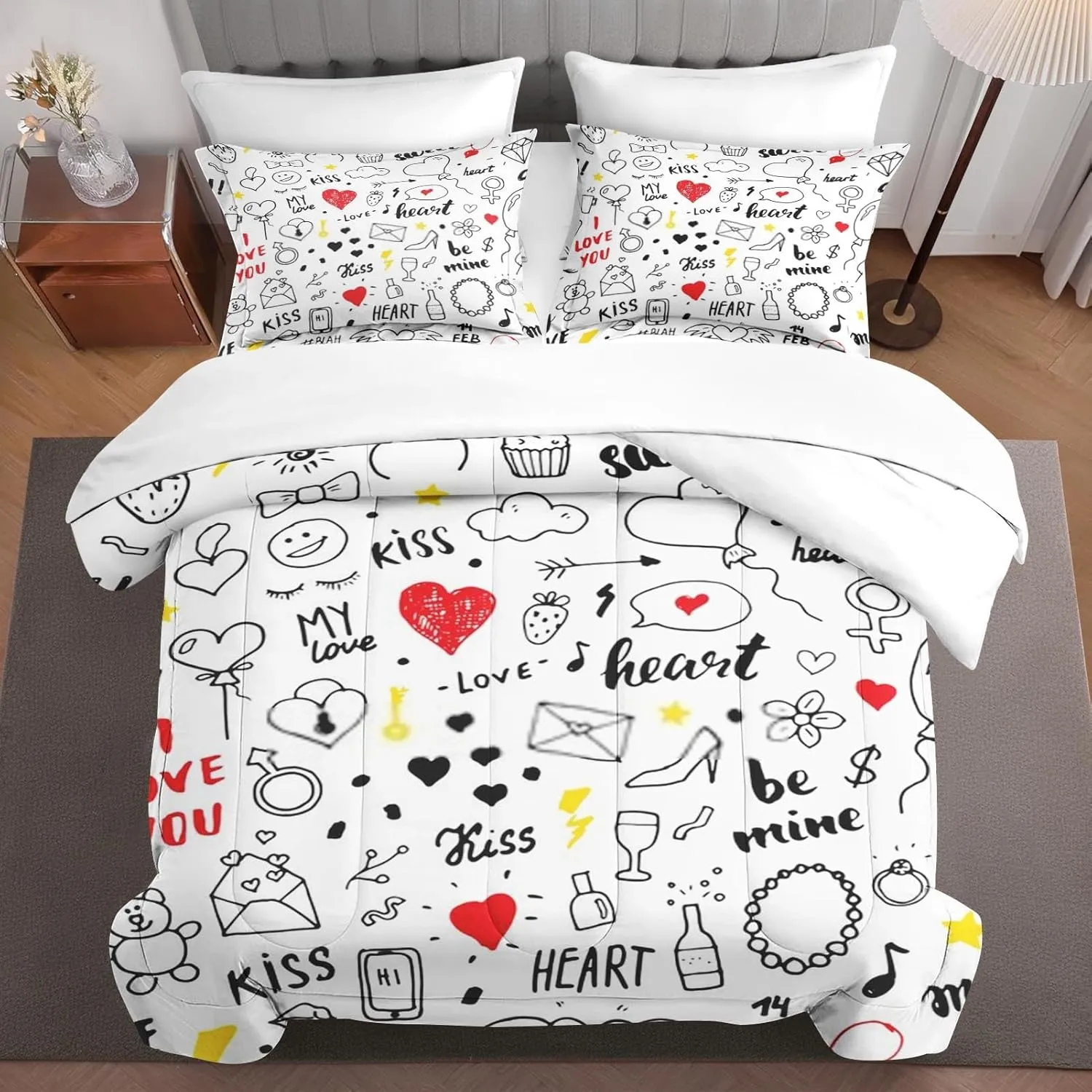 7 Pcs Comforter Set King Size, Love Valentines Day Retro Bed in a Bag with Flat and Fitted Sheet for Kids and Adults, Happy Diamond Strawberry Bedding Set with 2 Pillowcases & 2 Shams