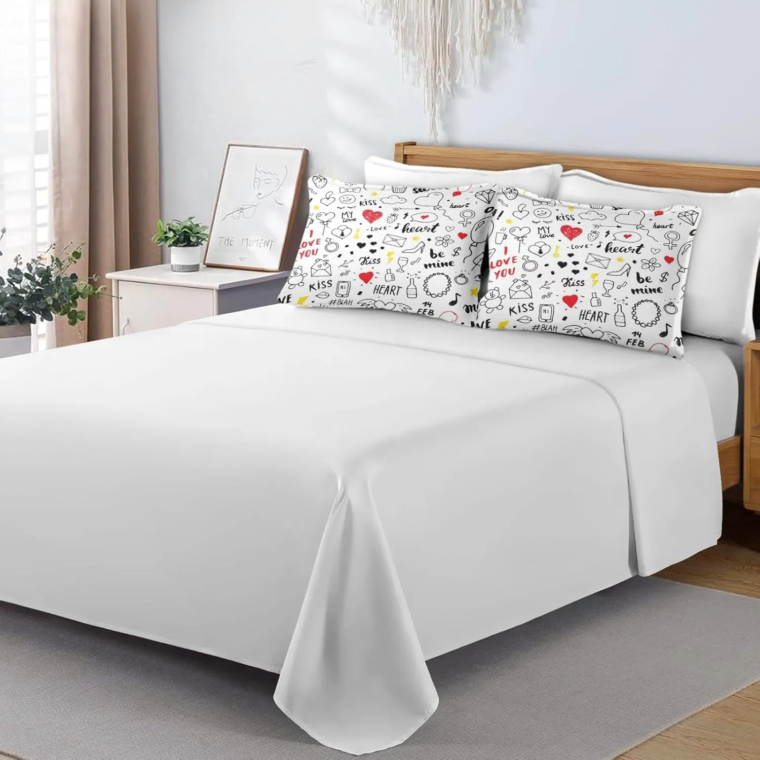 7 Pcs Comforter Set King Size, Love Valentines Day Retro Bed in a Bag with Flat and Fitted Sheet for Kids and Adults, Happy Diamond Strawberry Bedding Set with 2 Pillowcases & 2 Shams