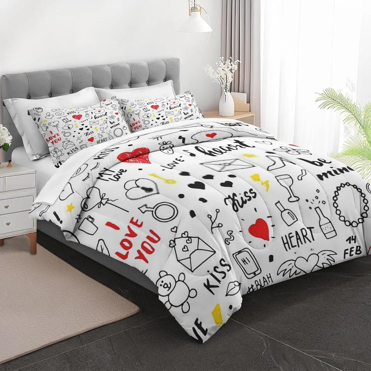 7 Pcs Comforter Set King Size, Love Valentines Day Retro Bed in a Bag with Flat and Fitted Sheet for Kids and Adults, Happy Diamond Strawberry Bedding Set with 2 Pillowcases & 2 Shams