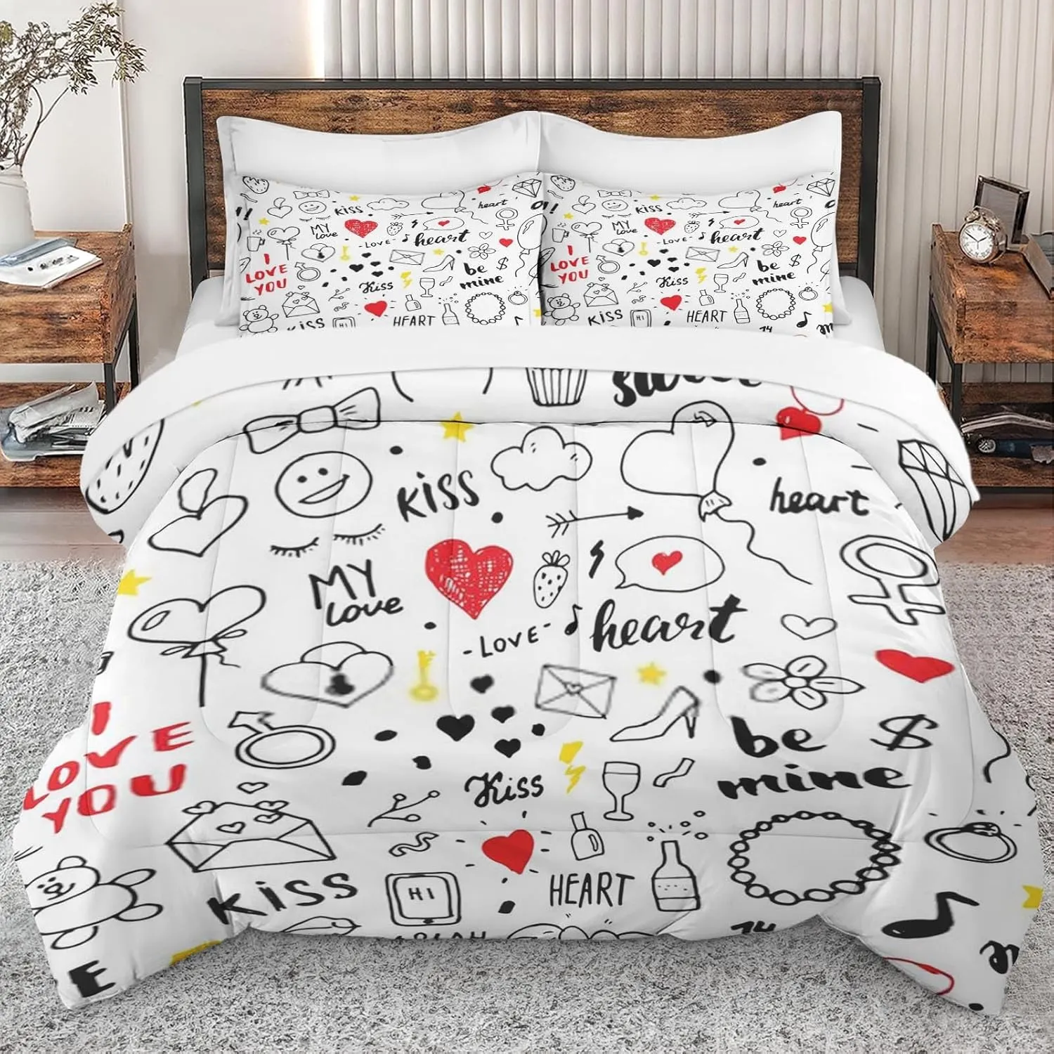 7 Pcs Comforter Set King Size, Love Valentines Day Retro Bed in a Bag with Flat and Fitted Sheet for Kids and Adults, Happy Diamond Strawberry Bedding Set with 2 Pillowcases & 2 Shams