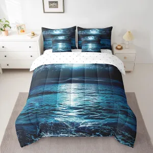 7 Piece Seawater Bed in a Bag Full Size Blue Galaxy Sheet Set for Boys Girls Teens Ocean Themed Bedding Set with Comforter, Starry Sky Print Cushion Covers Hawaii Vacation Style Fitted Sheet