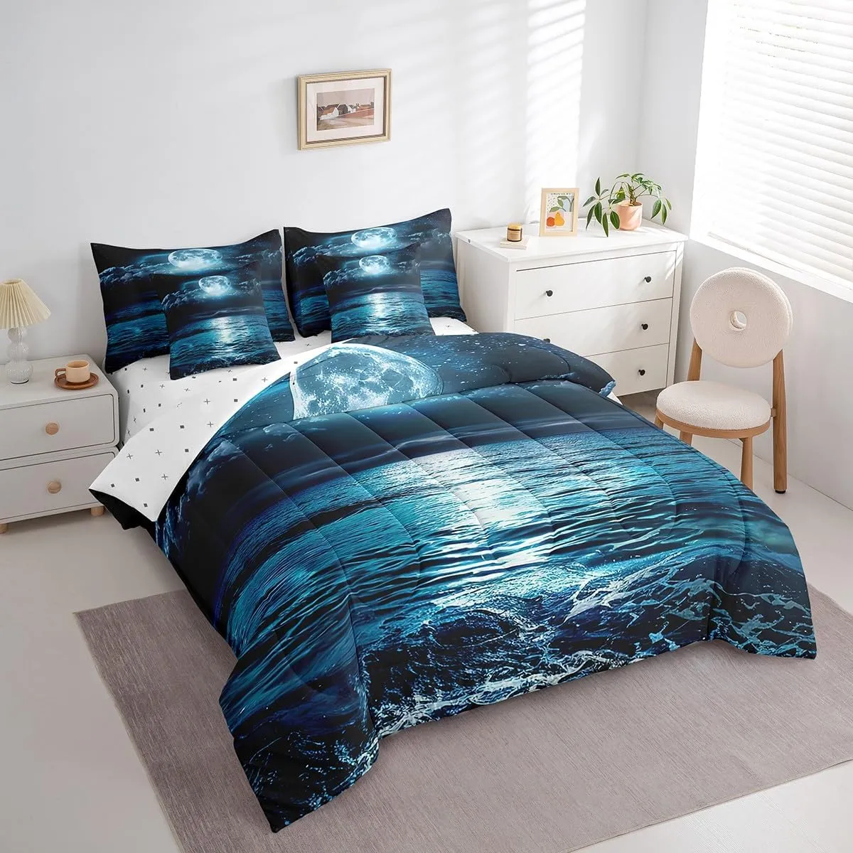 7 Piece Seawater Bed in a Bag Full Size Blue Galaxy Sheet Set for Boys Girls Teens Ocean Themed Bedding Set with Comforter, Starry Sky Print Cushion Covers Hawaii Vacation Style Fitted Sheet