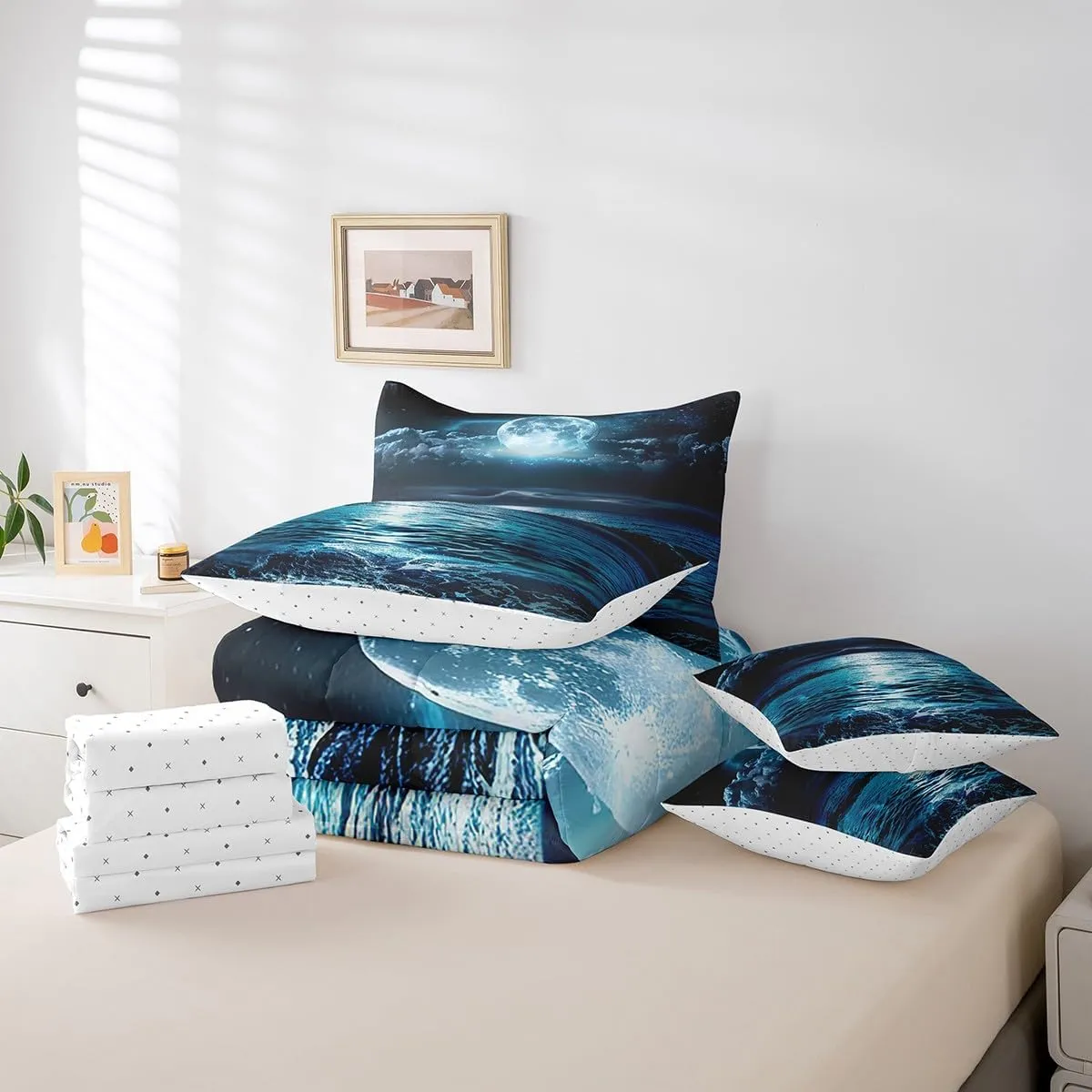 7 Piece Seawater Bed in a Bag Full Size Blue Galaxy Sheet Set for Boys Girls Teens Ocean Themed Bedding Set with Comforter, Starry Sky Print Cushion Covers Hawaii Vacation Style Fitted Sheet