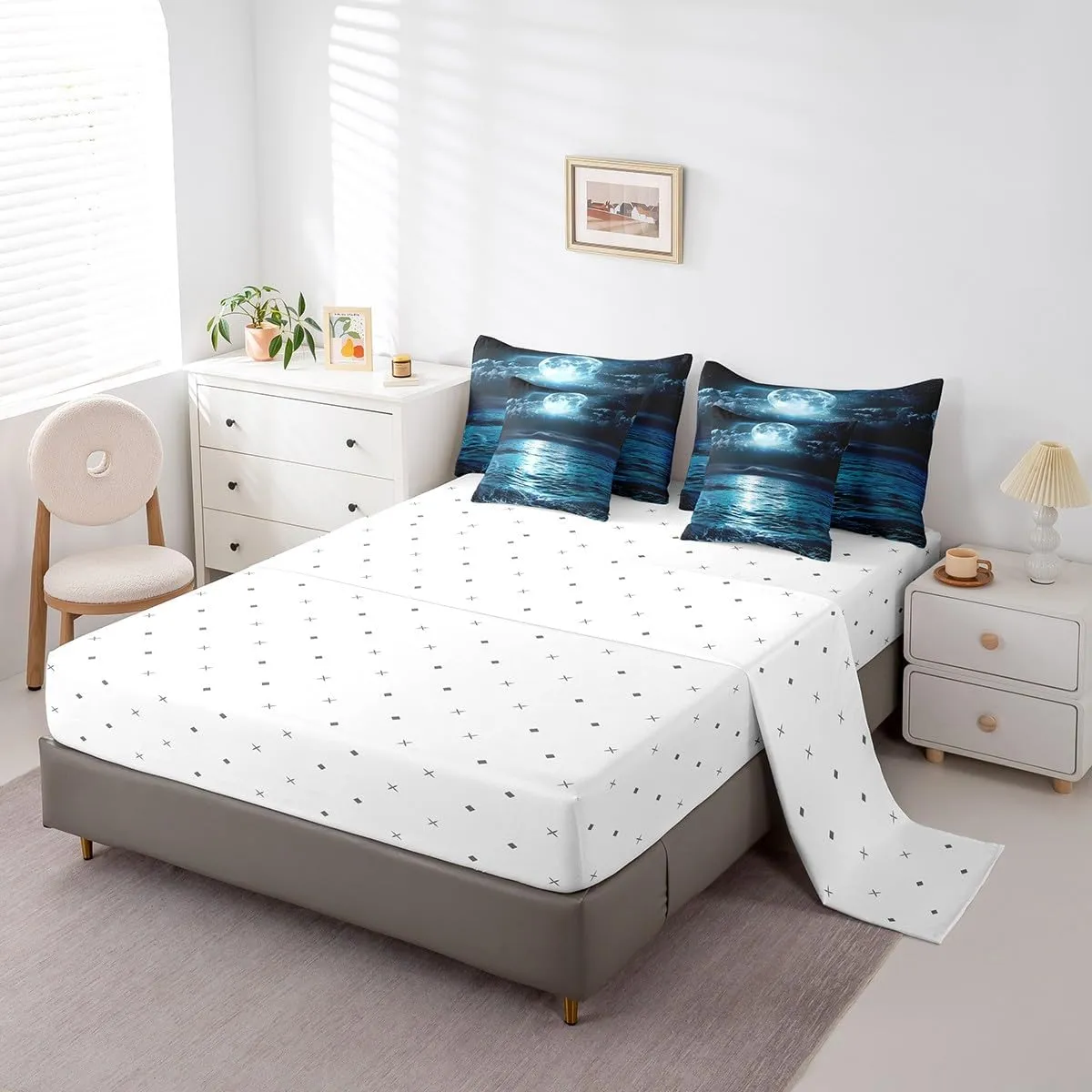 7 Piece Seawater Bed in a Bag Full Size Blue Galaxy Sheet Set for Boys Girls Teens Ocean Themed Bedding Set with Comforter, Starry Sky Print Cushion Covers Hawaii Vacation Style Fitted Sheet
