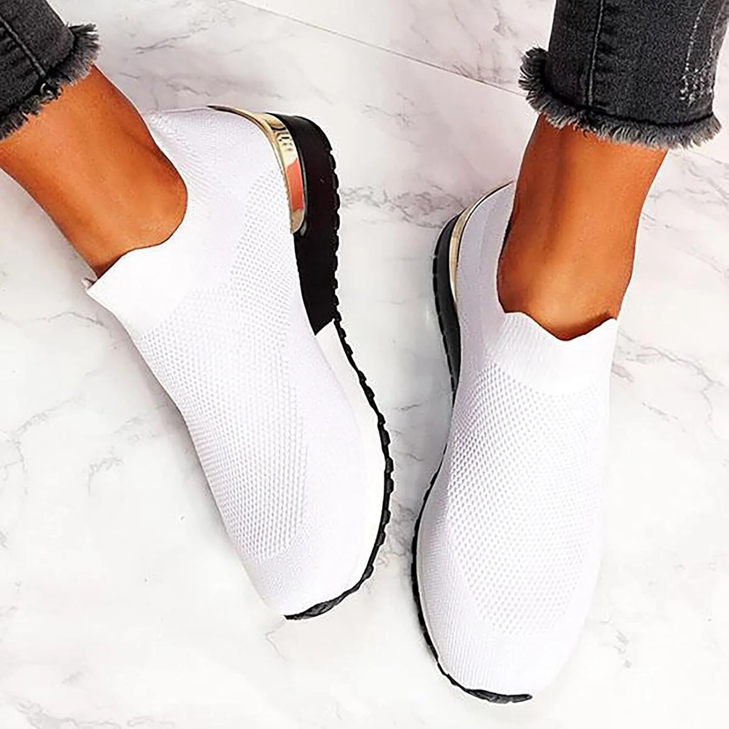 Air Cushion Slip-on Walking Shoes for Women,Orthopedic Diabetic Walking Shoes with Arch Support,Casual Breathable Knit Mesh Wedge Platform Sneaker Sandals