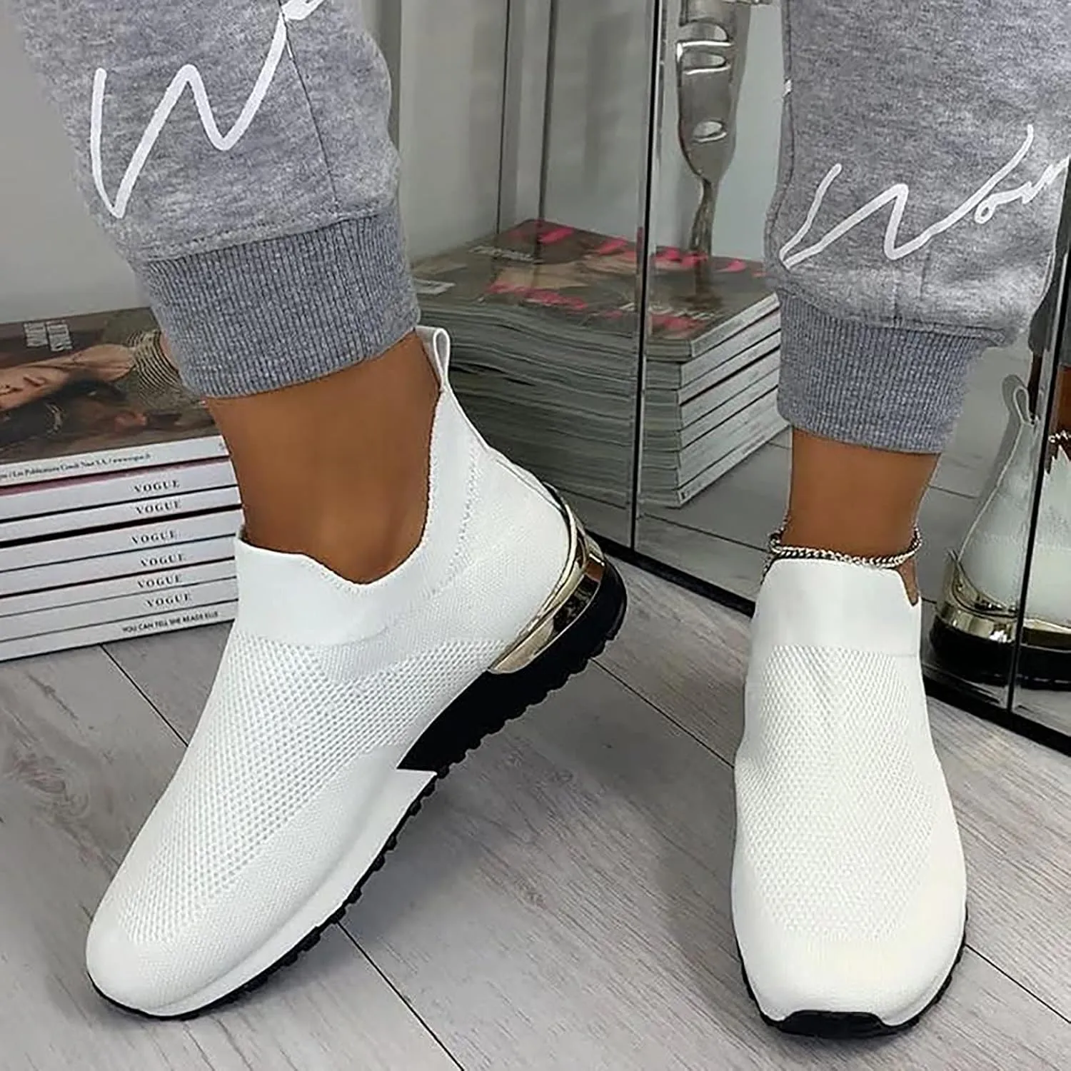 Air Cushion Slip-on Walking Shoes for Women,Orthopedic Diabetic Walking Shoes with Arch Support,Casual Breathable Knit Mesh Wedge Platform Sneaker Sandals