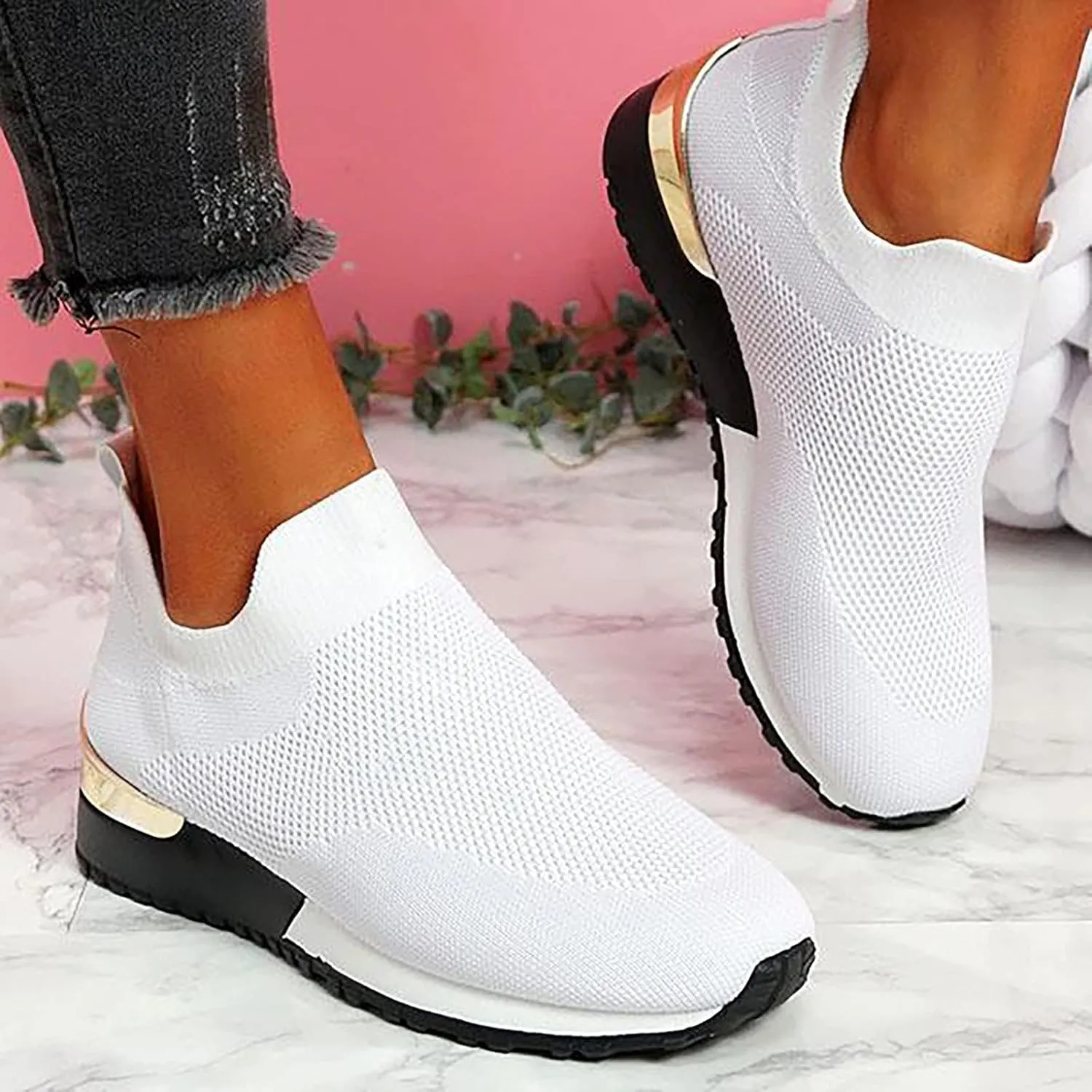 Air Cushion Slip-on Walking Shoes for Women,Orthopedic Diabetic Walking Shoes with Arch Support,Casual Breathable Knit Mesh Wedge Platform Sneaker Sandals