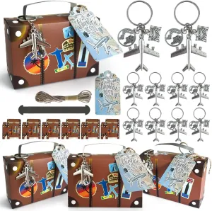 Aizhuang 50 Pcs Suitcase Favor Box Vintage Suitcase Party Favor Candy Boxes with Airplane Keychains, Kraft Tags and Burlap Twine for Travel Themed Party, Bridal Shower, Wedding Decorations
