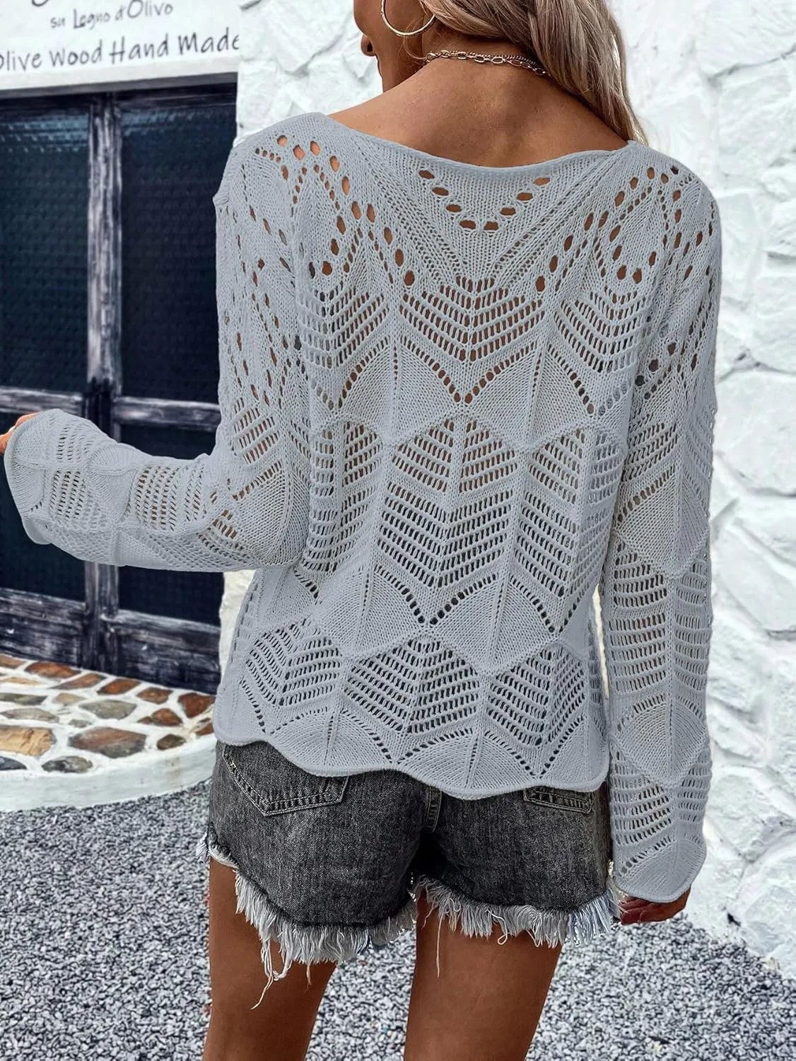 Allimy Womens Long Sleeve Hollow Out Crochet Crewneck Knitted Top Blouses Cover Up
