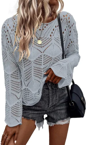 Allimy Womens Long Sleeve Hollow Out Crochet Crewneck Knitted Top Blouses Cover Up