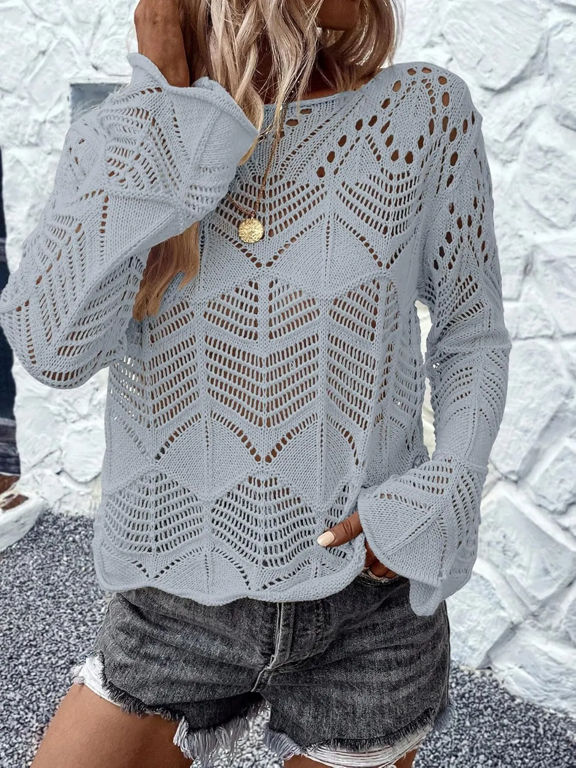 Allimy Womens Long Sleeve Hollow Out Crochet Crewneck Knitted Top Blouses Cover Up