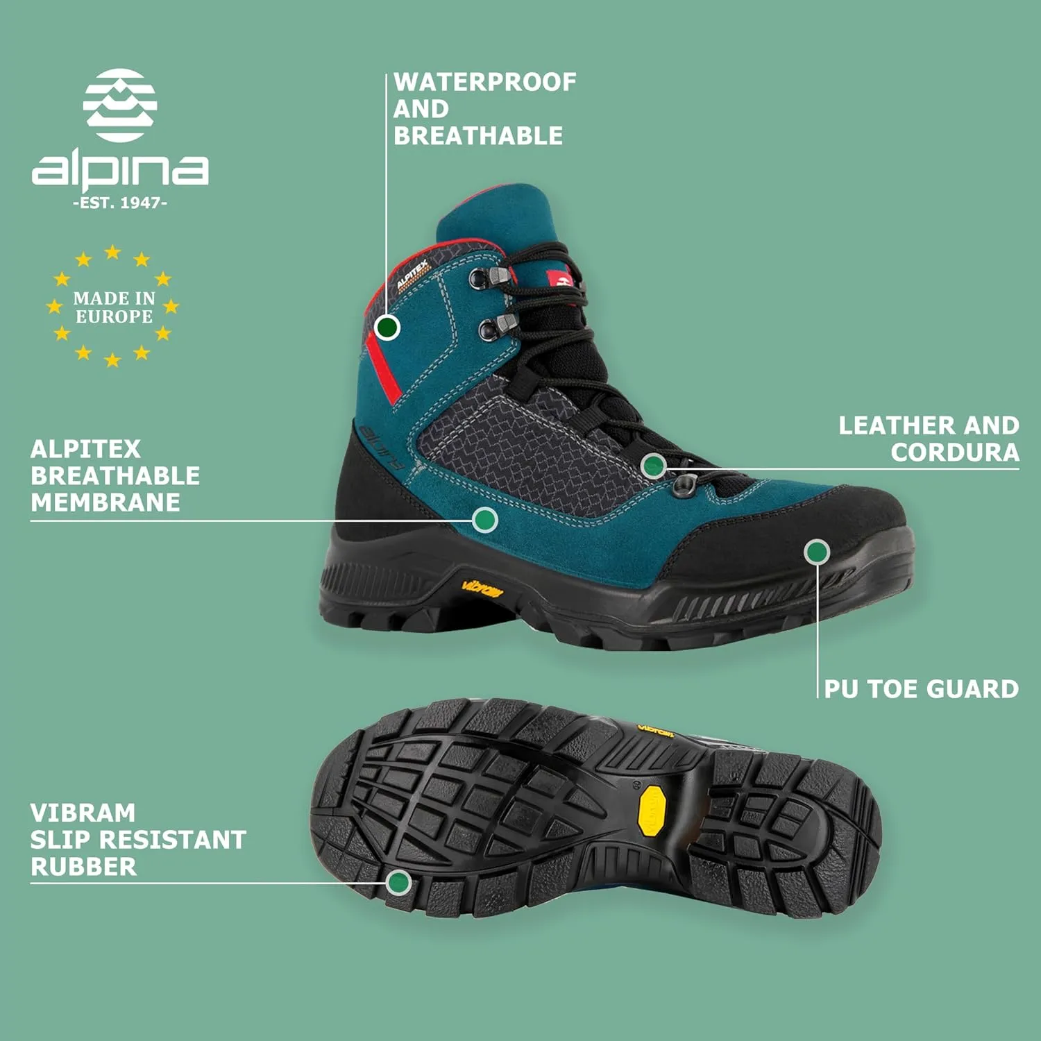 Alpina HIKER Premium Men's Boots | Lightweight Ankle High | Waterproof | Alpitex Breathable Membrane | Vibram Slip Resistant Sole | Suede and Fiber Upper | Made in Europe