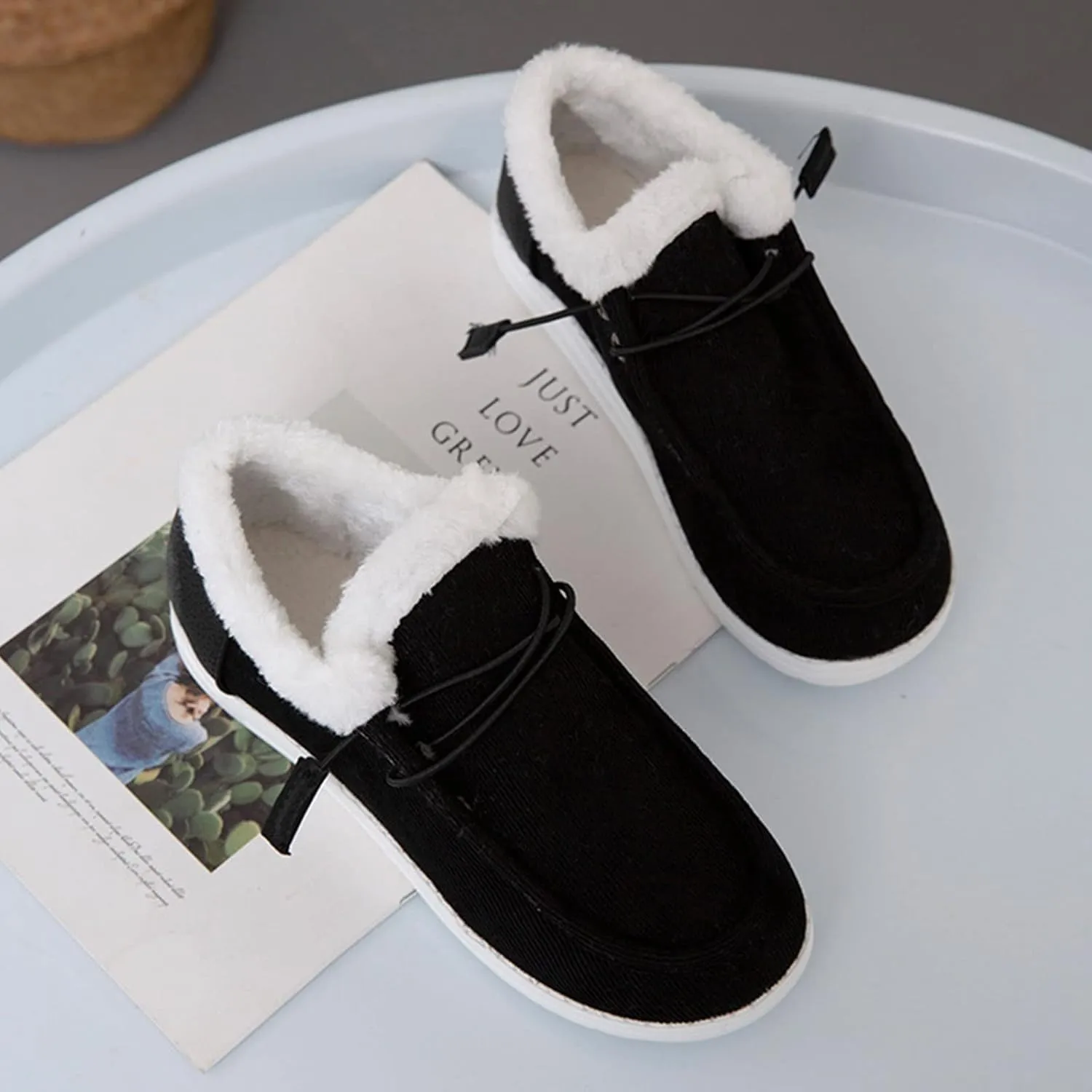 AngryMonkey Women's Winter Warm Wendy Shoes,Comfort Cotton Lined Ankle Lightweight Non-slip Moccasins Canvas Flat Snow Boots