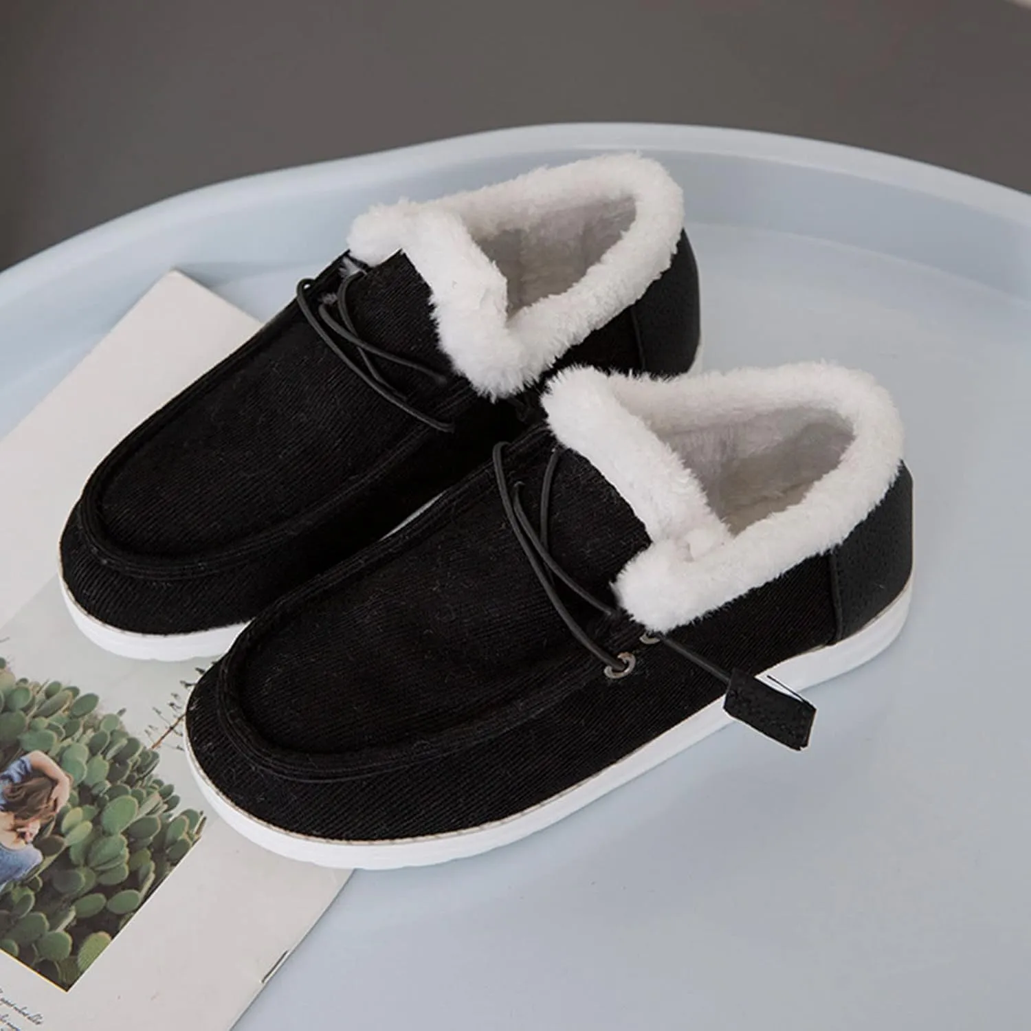 AngryMonkey Women's Winter Warm Wendy Shoes,Comfort Cotton Lined Ankle Lightweight Non-slip Moccasins Canvas Flat Snow Boots