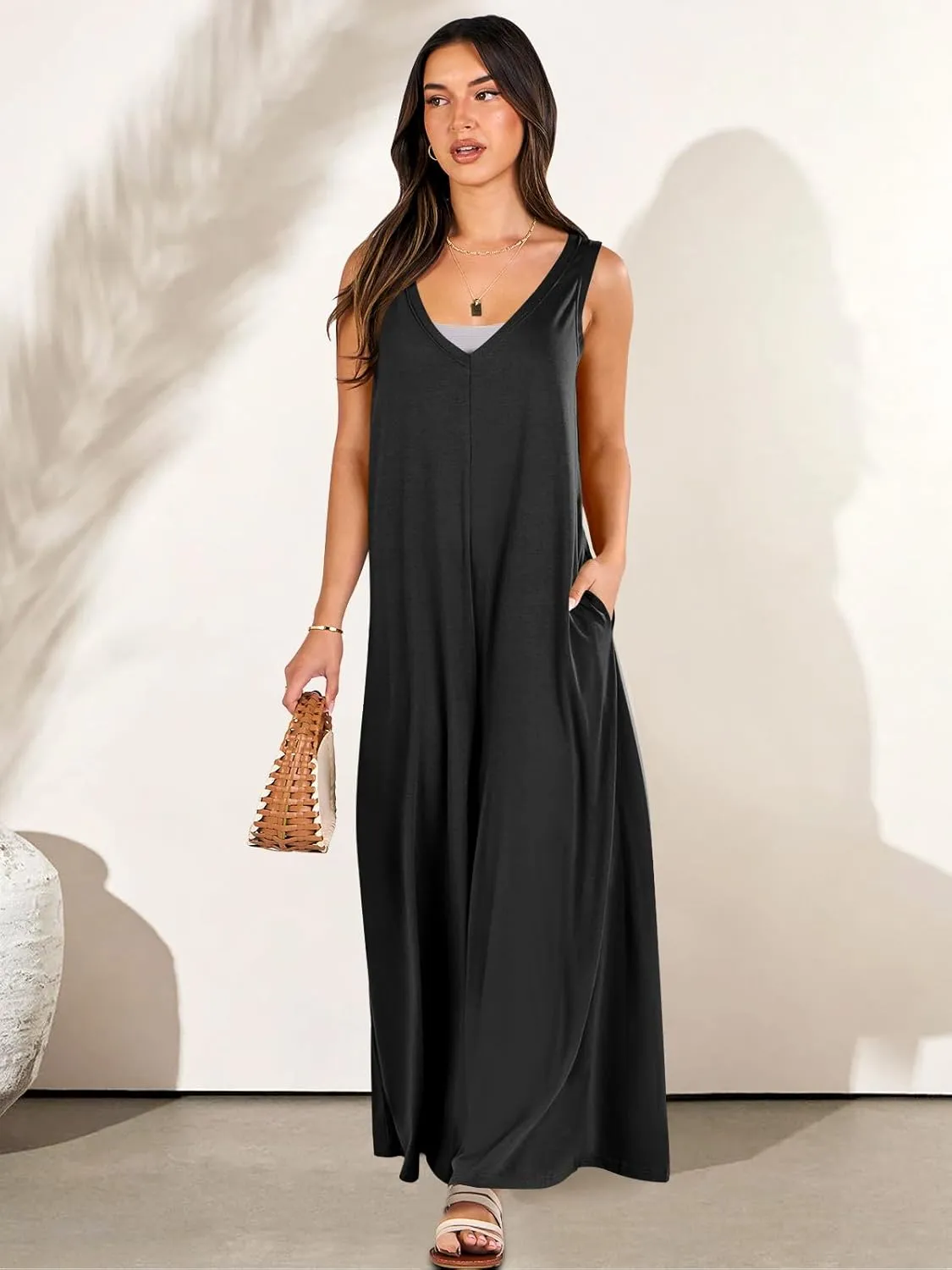 ANRABESS Women's Casual Summer Loose Jumpsuits Sleeveless Tank V Neck Wide Leg Long Pant Rompers Baggy Jumper with Pockets