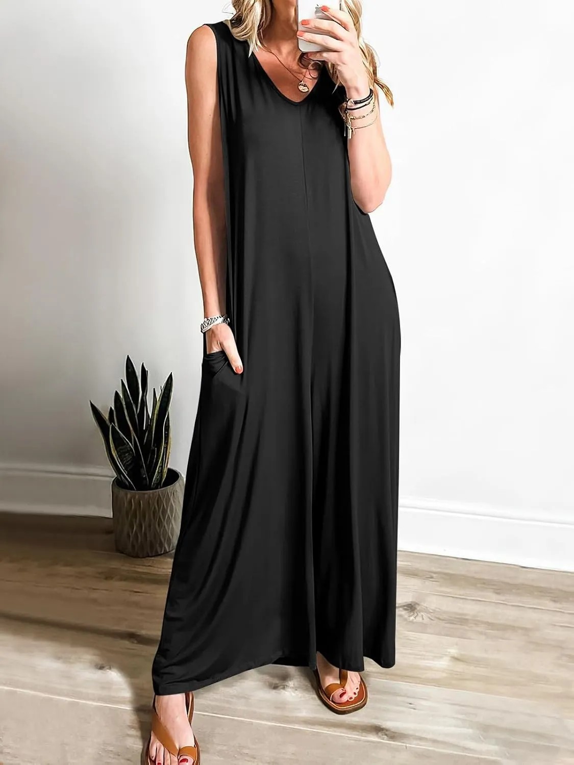ANRABESS Women's Casual Summer Loose Jumpsuits Sleeveless Tank V Neck Wide Leg Long Pant Rompers Baggy Jumper with Pockets