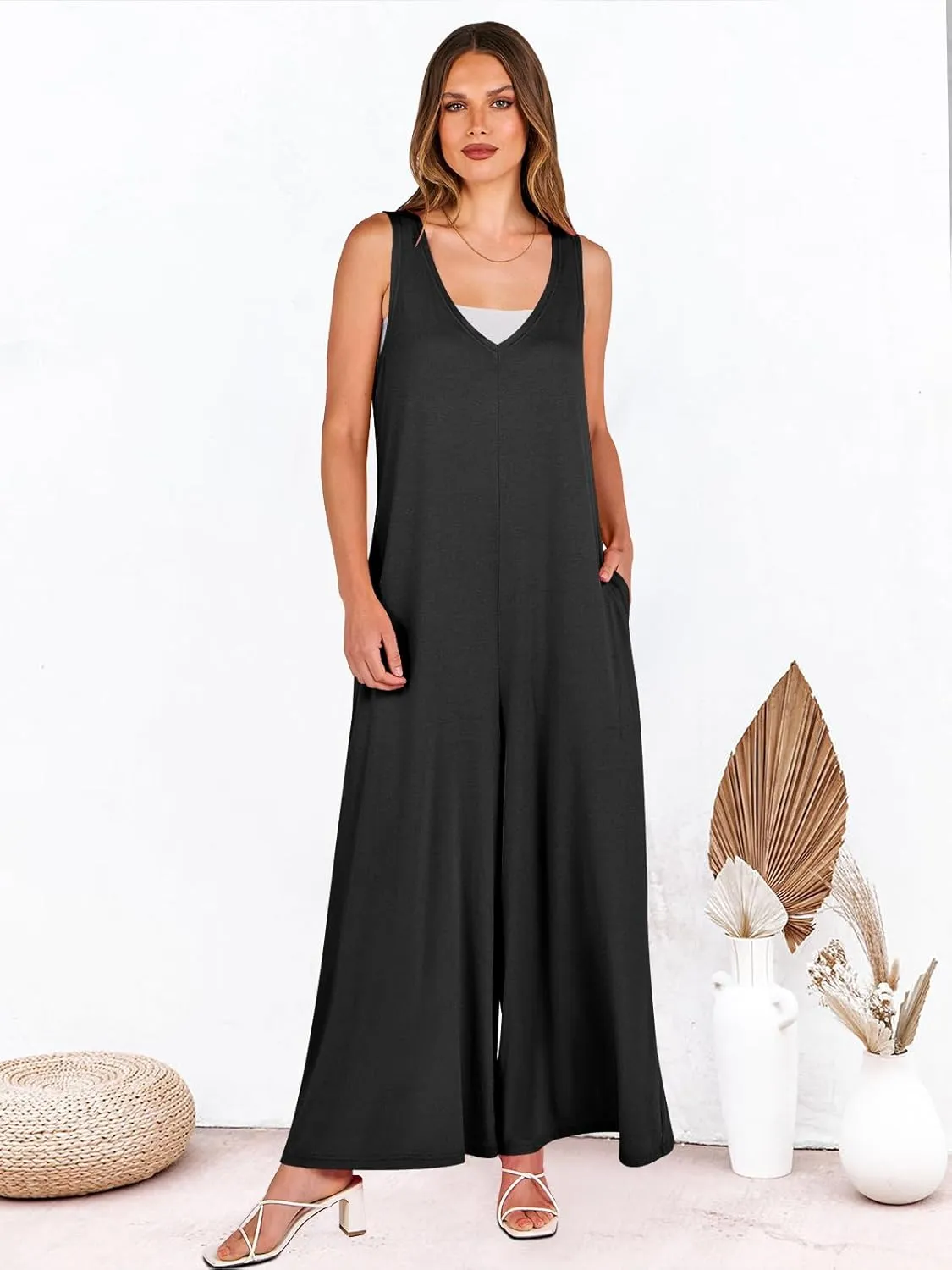 ANRABESS Women's Casual Summer Loose Jumpsuits Sleeveless Tank V Neck Wide Leg Long Pant Rompers Baggy Jumper with Pockets