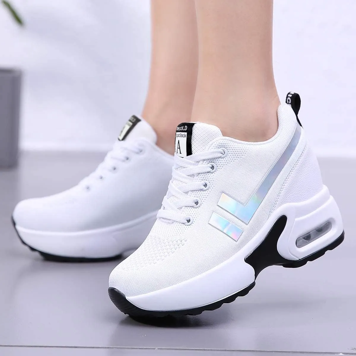 AONEGOLD Womens Knit Platform Hidden Wedges Sneaker High Top Athletic Walking Shoes High Heel Mesh Fashion
