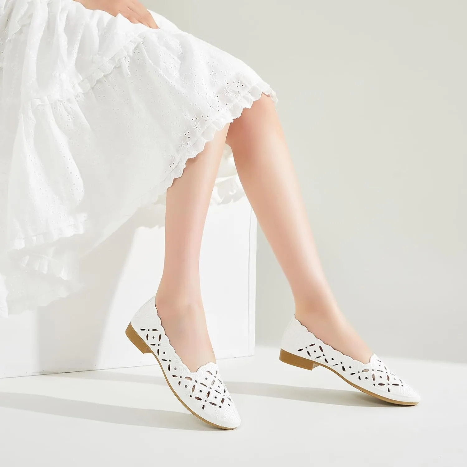 BABUDOG Womens Flats,Black and White Dress Flats with Flower Eyelets,Breathable Ballet Flats
