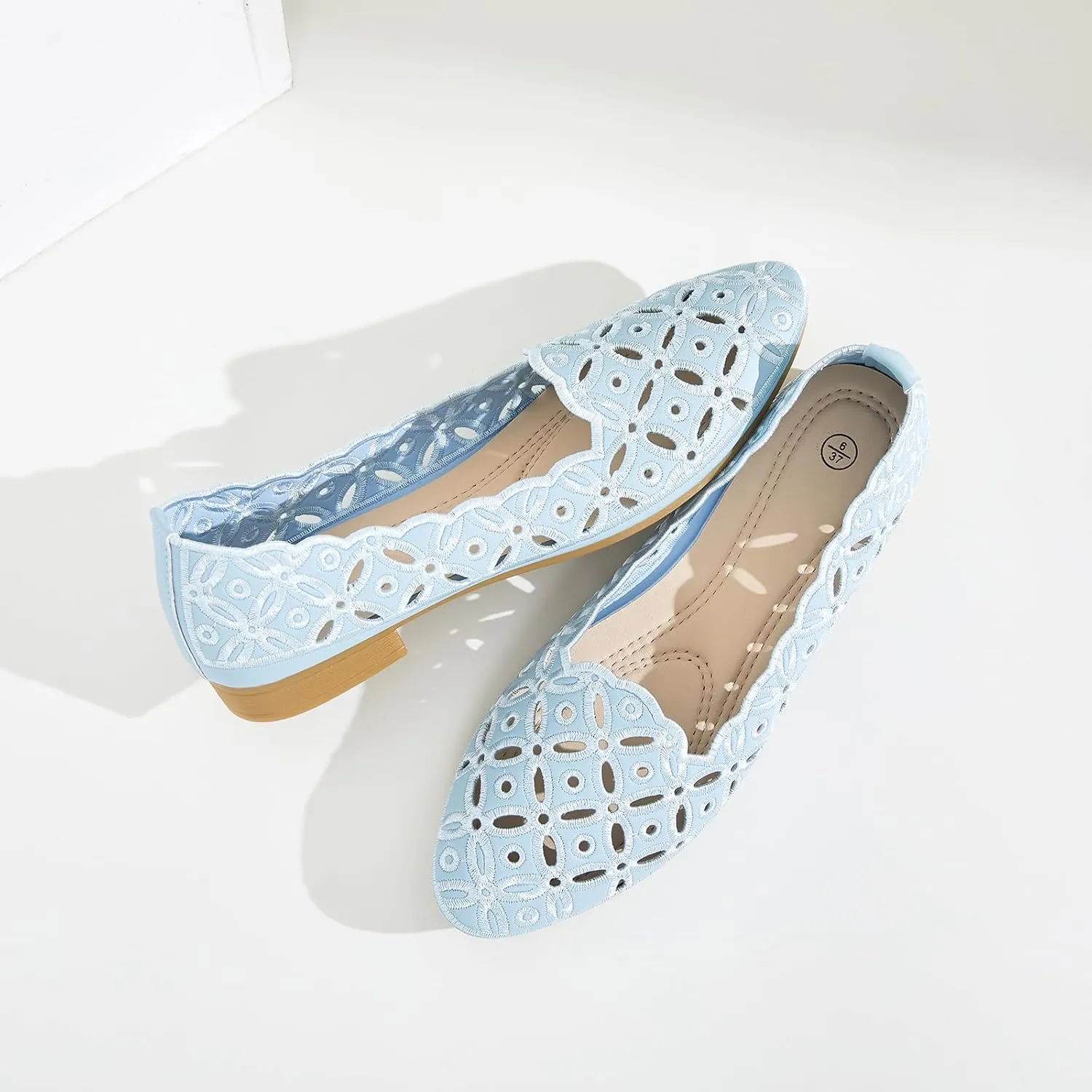 BABUDOG Womens Flats,Black and White Dress Flats with Flower Eyelets,Breathable Ballet Flats