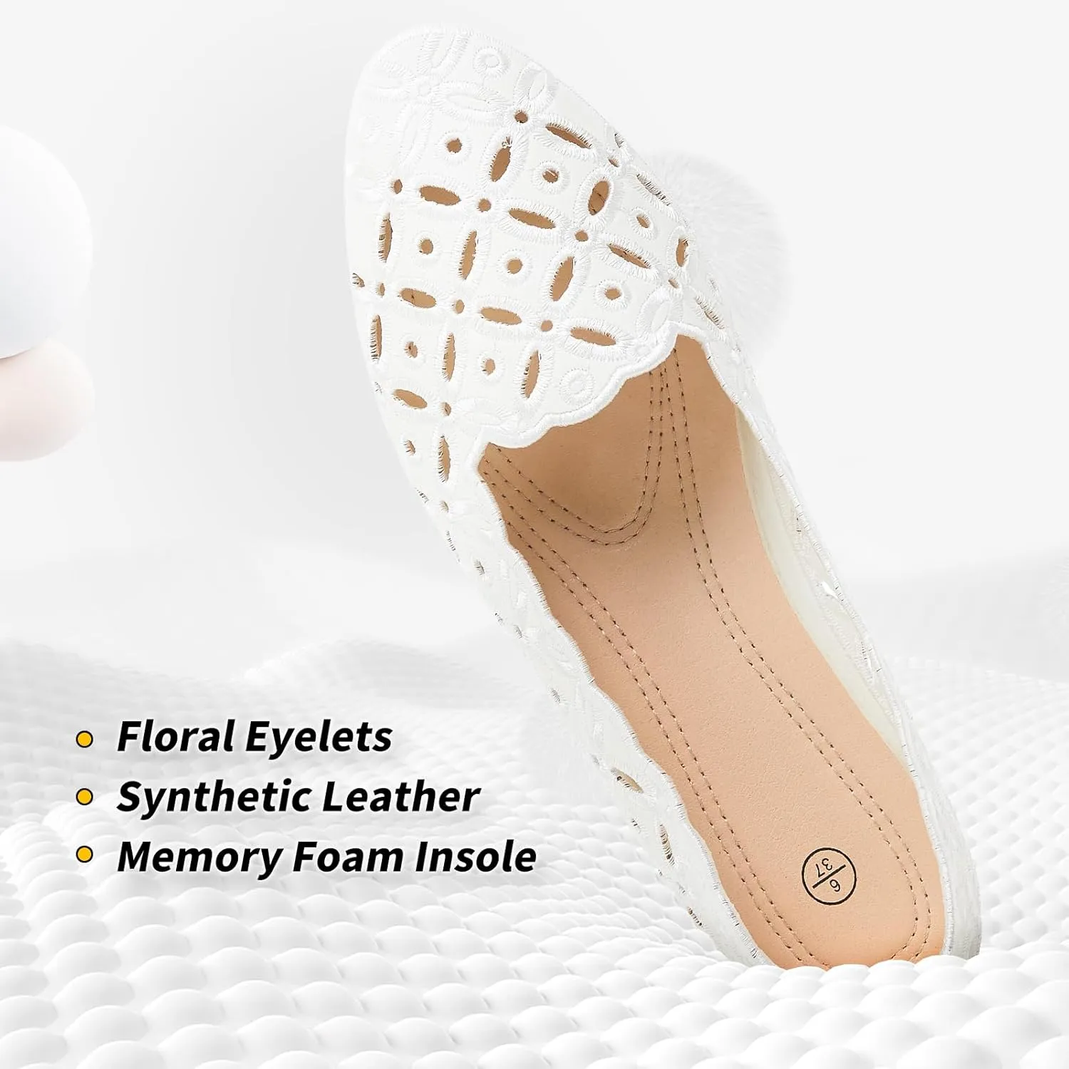BABUDOG Womens Flats,Black and White Dress Flats with Flower Eyelets,Breathable Ballet Flats