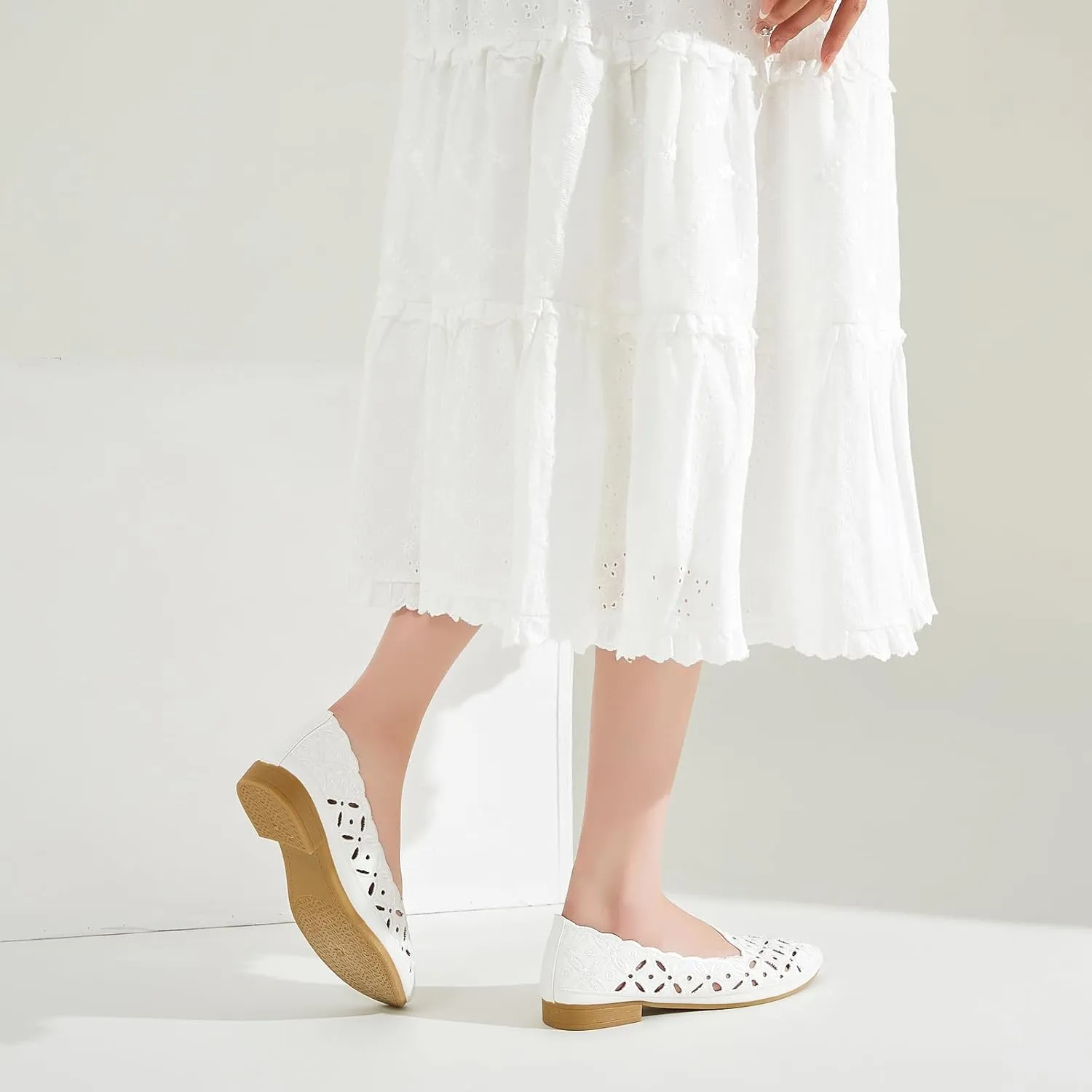 BABUDOG Womens Flats,Black and White Dress Flats with Flower Eyelets,Breathable Ballet Flats