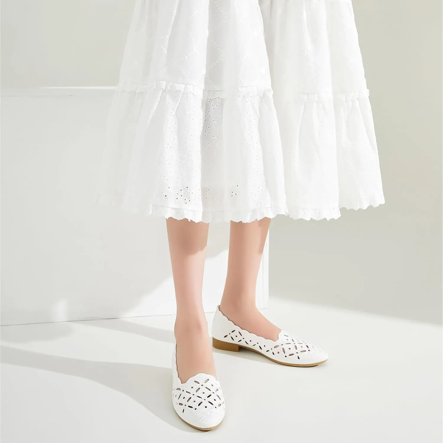 BABUDOG Womens Flats,Black and White Dress Flats with Flower Eyelets,Breathable Ballet Flats
