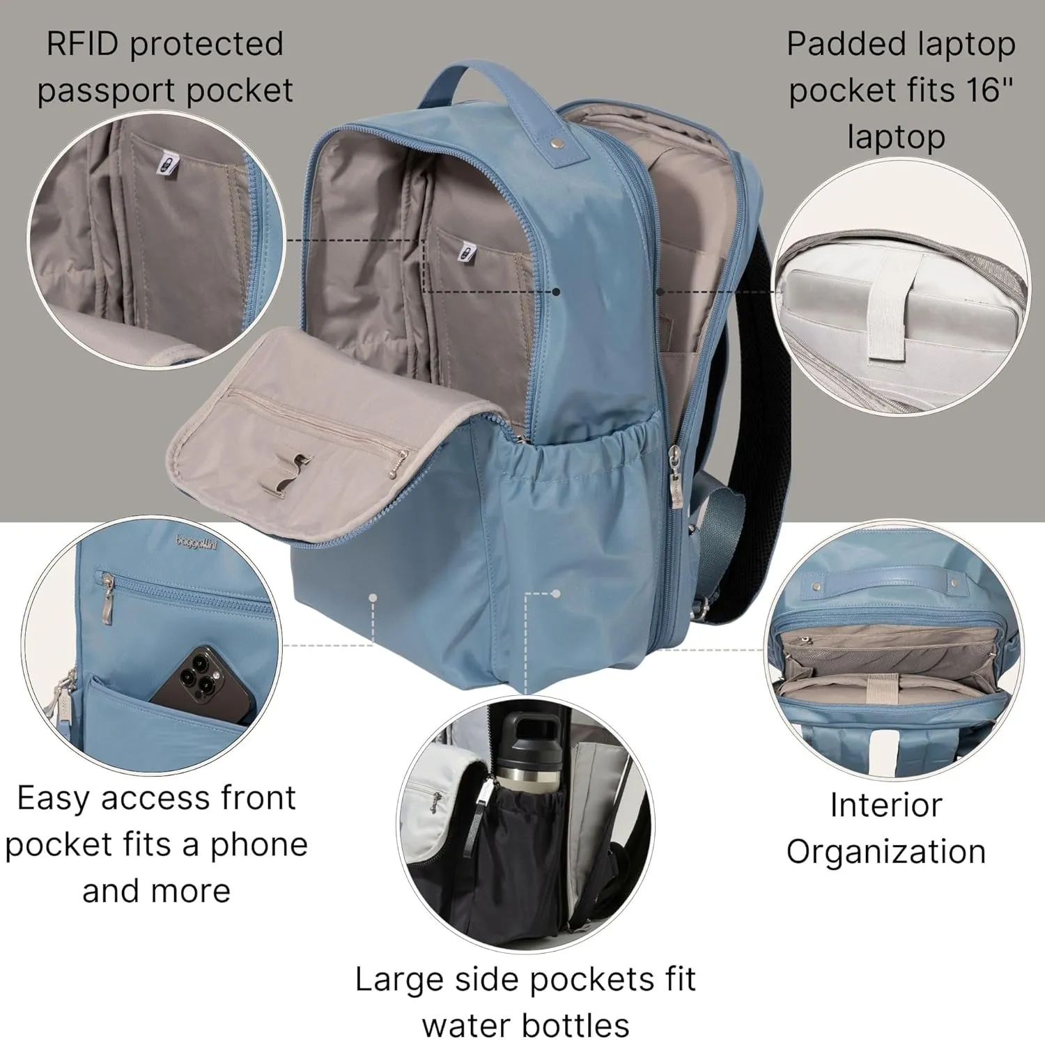 Baggallini Tribeca Expandable Laptop Backpack - 15"x11" Lightweight Work Travel Bag w/Luggage Sleeve & RFID
