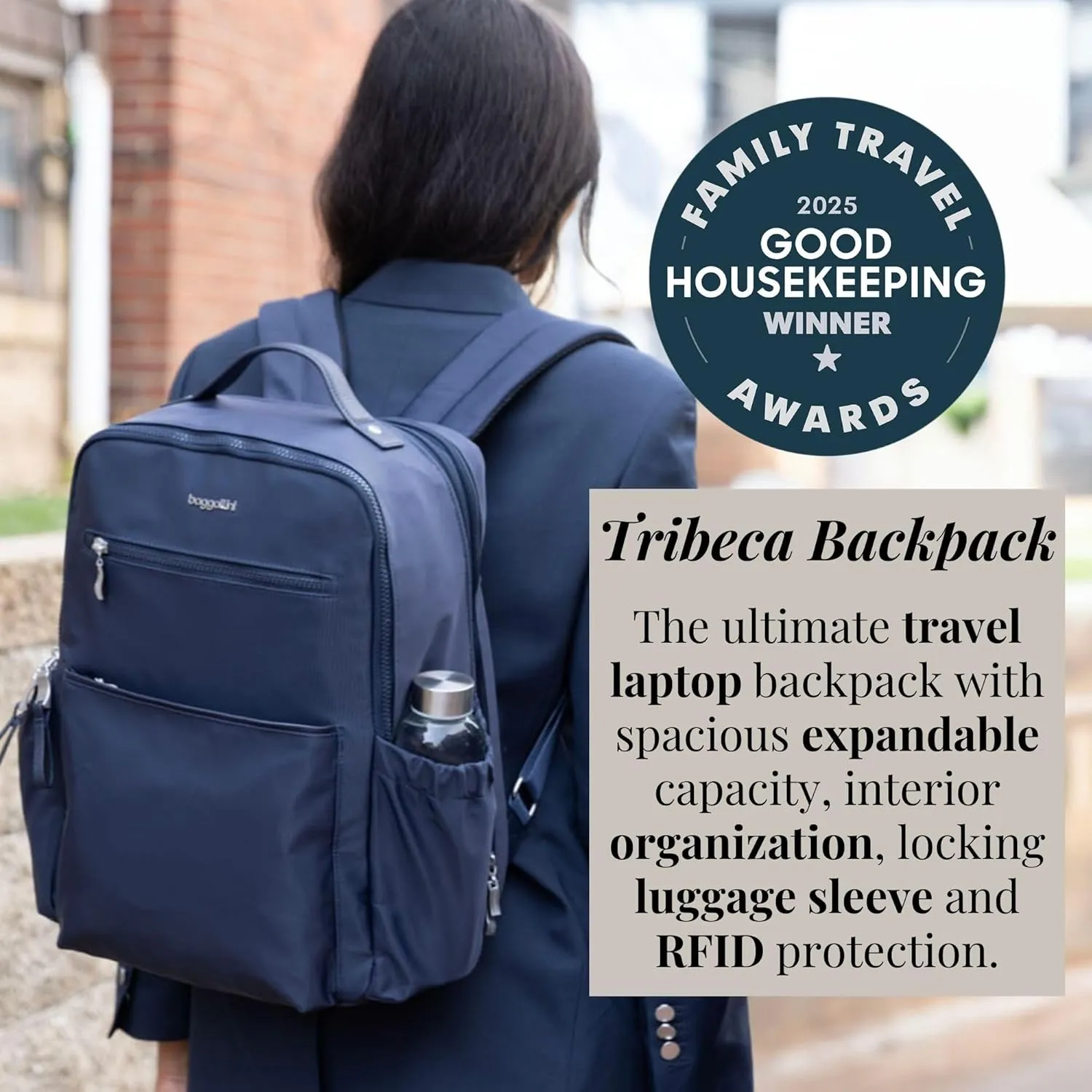 Baggallini Tribeca Expandable Laptop Backpack - 15"x11" Lightweight Work Travel Bag w/Luggage Sleeve & RFID