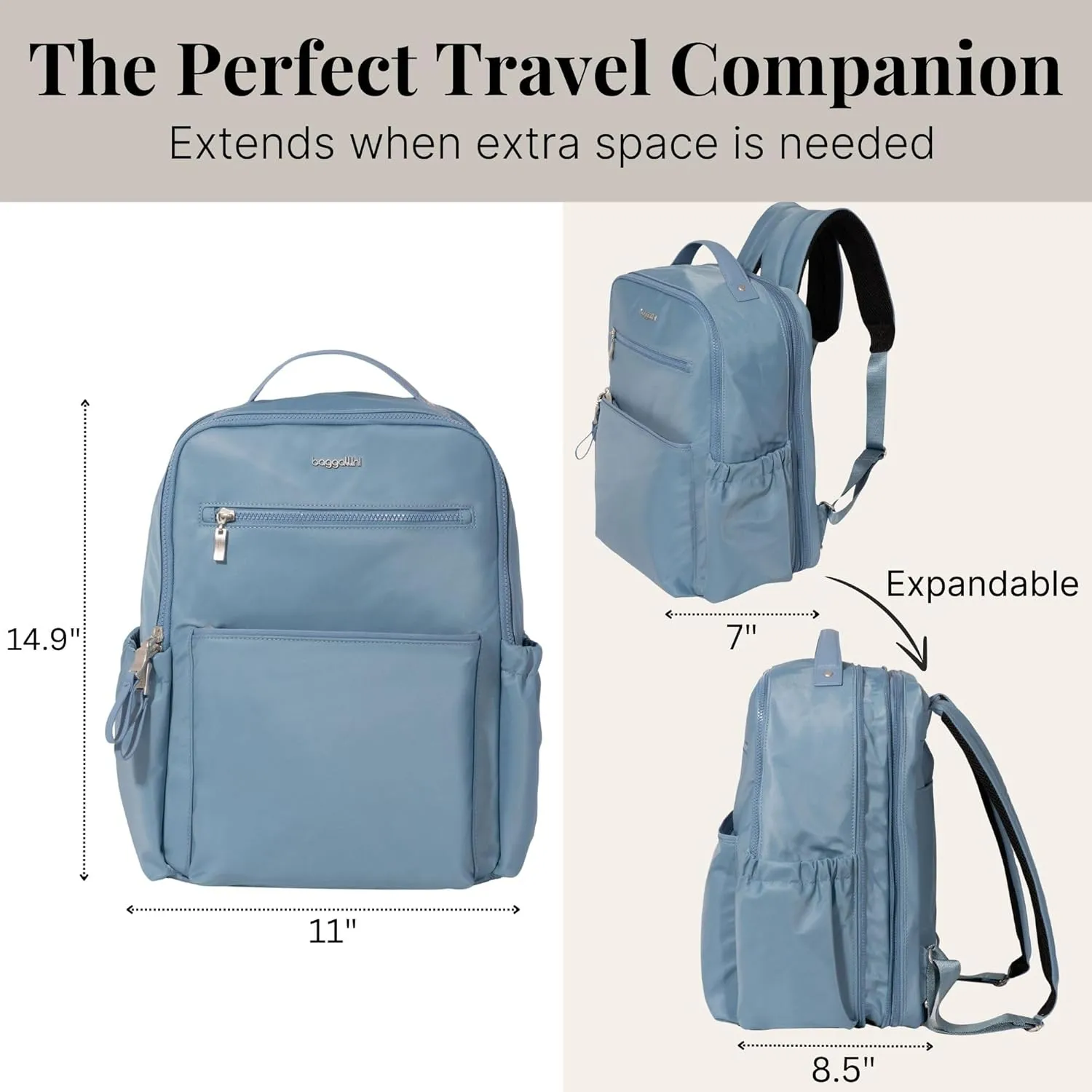 Baggallini Tribeca Expandable Laptop Backpack - 15"x11" Lightweight Work Travel Bag w/Luggage Sleeve & RFID