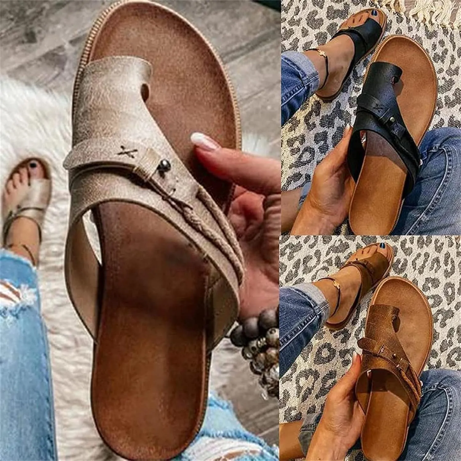 BBPM Women Orthopedic Sandals Bunion Correction Sandals PU Leather Retro Flat Heel Flip Flops Clip Toe Flat Beach Walking Shoes Open Toe Breathable Casual Travel Shoes,Silver,EU38/US7