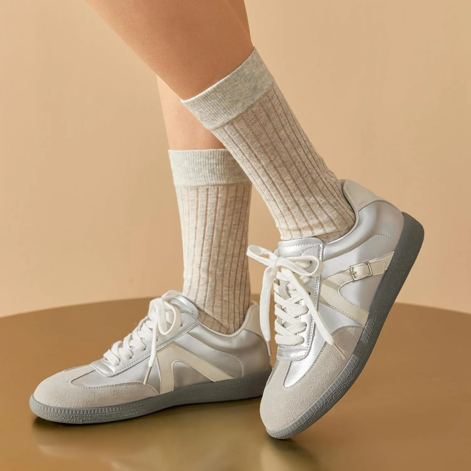 BEAU TODAY Women’s Flat Sneakers, Retro Comfortable Lace-up Fashion Sneakers for Women, Buckle Decoration Casual Leather Walking Shoes