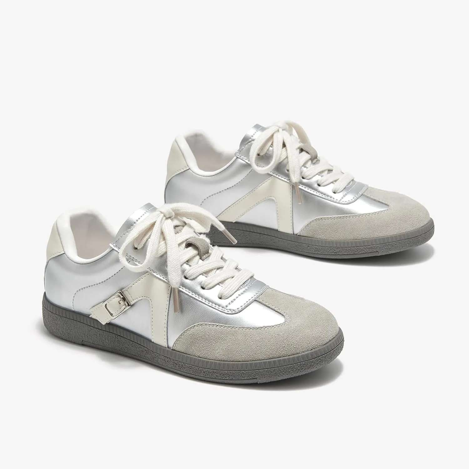 BEAU TODAY Women’s Flat Sneakers, Retro Comfortable Lace-up Fashion Sneakers for Women, Buckle Decoration Casual Leather Walking Shoes