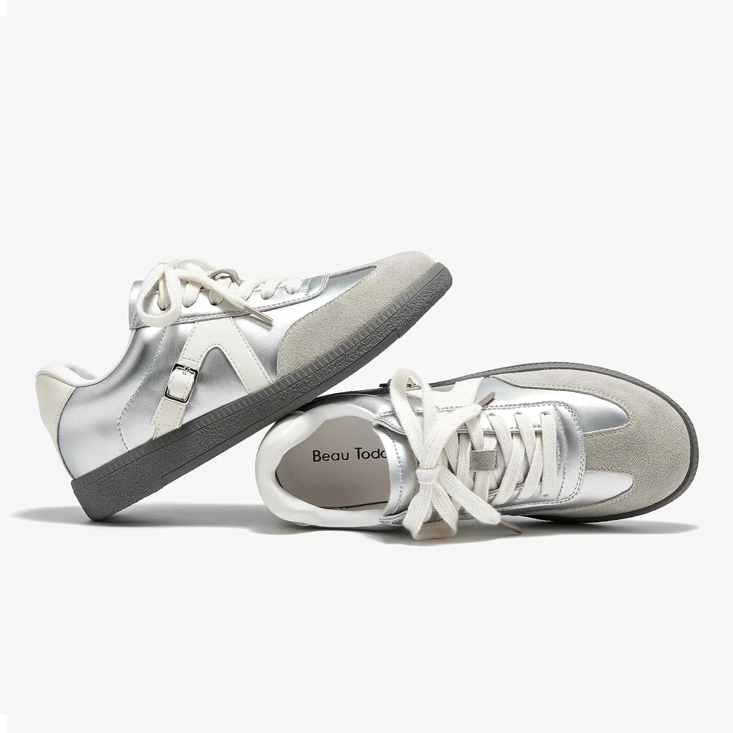 BEAU TODAY Women’s Flat Sneakers, Retro Comfortable Lace-up Fashion Sneakers for Women, Buckle Decoration Casual Leather Walking Shoes