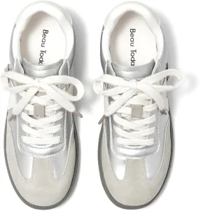 BEAU TODAY Women’s Flat Sneakers, Retro Comfortable Lace-up Fashion Sneakers for Women, Buckle Decoration Casual Leather Walking Shoes