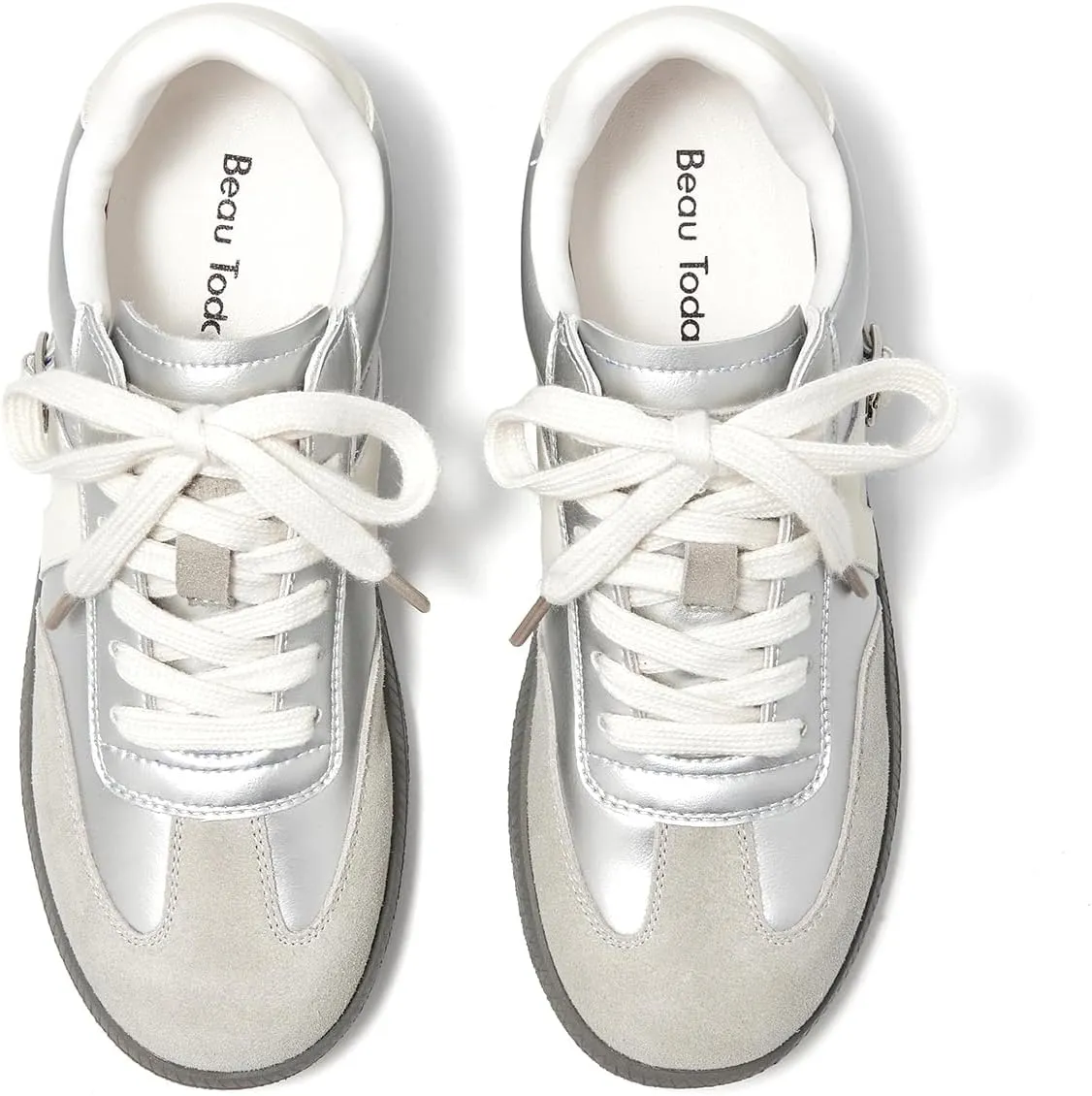 BEAU TODAY Women’s Flat Sneakers, Retro Comfortable Lace-up Fashion Sneakers for Women, Buckle Decoration Casual Leather Walking Shoes