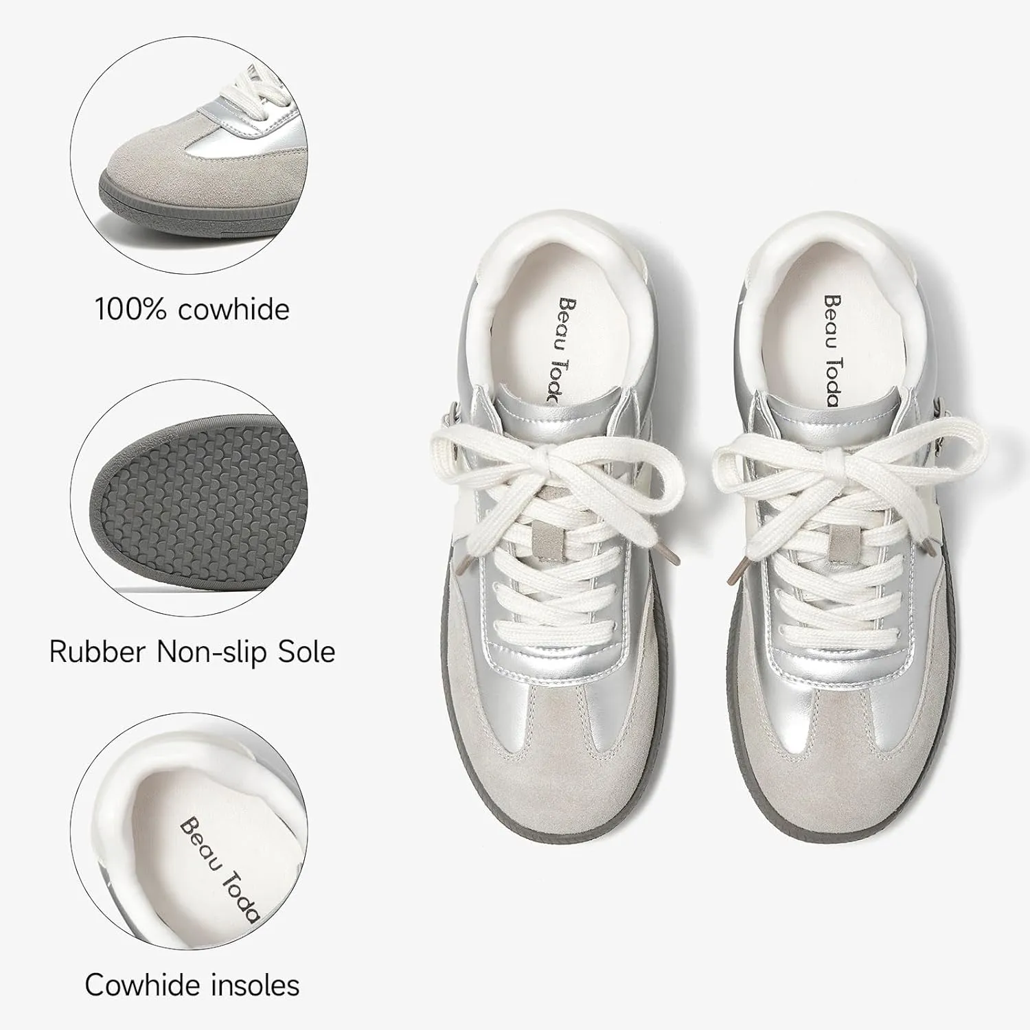 BEAU TODAY Women’s Flat Sneakers, Retro Comfortable Lace-up Fashion Sneakers for Women, Buckle Decoration Casual Leather Walking Shoes