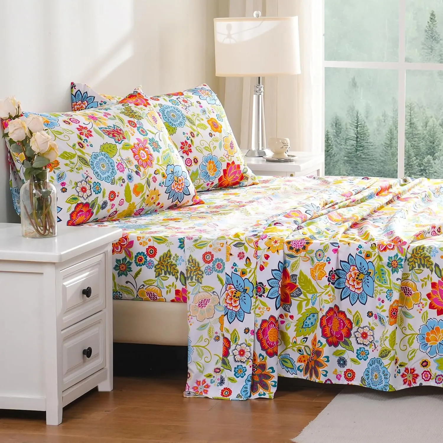 Bedlifes Queen Sheet Set Ultra Soft Breathable Silky Flower Bed Sheets Deep Pocket 100% Microfiber Bedding Sheets 4 Piece Queen Size Floral Spring