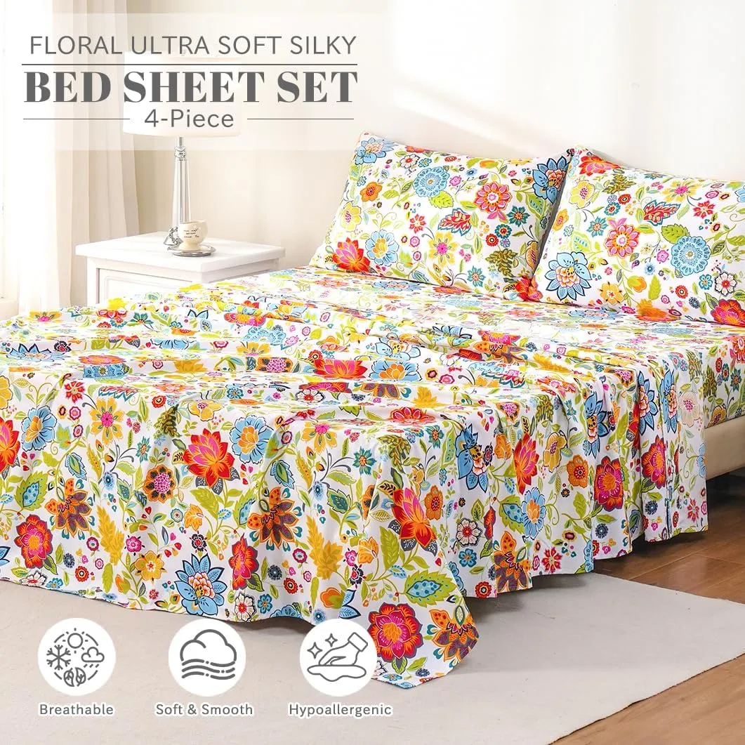 Bedlifes Queen Sheet Set Ultra Soft Breathable Silky Flower Bed Sheets Deep Pocket 100% Microfiber Bedding Sheets 4 Piece Queen Size Floral Spring