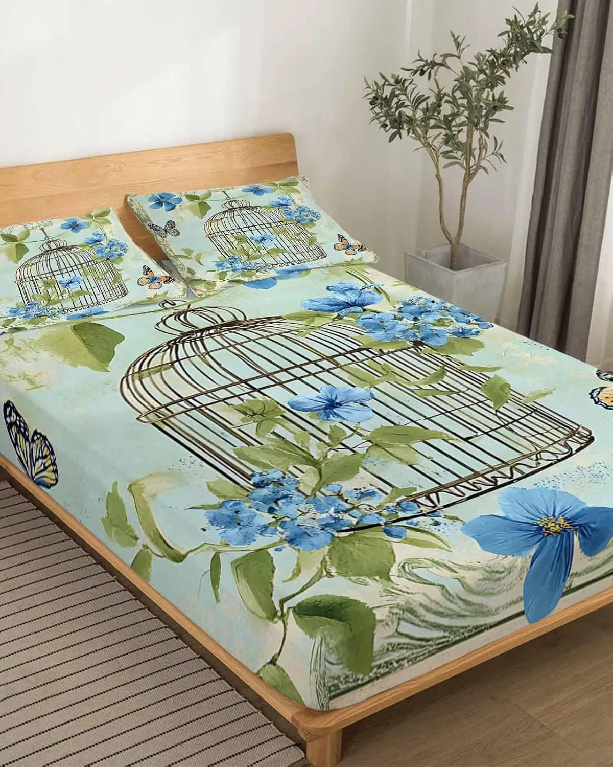 Birds Cage King Sheet Set 4 Piece Bedding - Green Botanical Blue Floral Breathable Comfy Cooling Bed Sheets & Pillowcase Sets, Hotel Luxury Flat Sheets Deep Pockets Fitted Sheet for Women Men