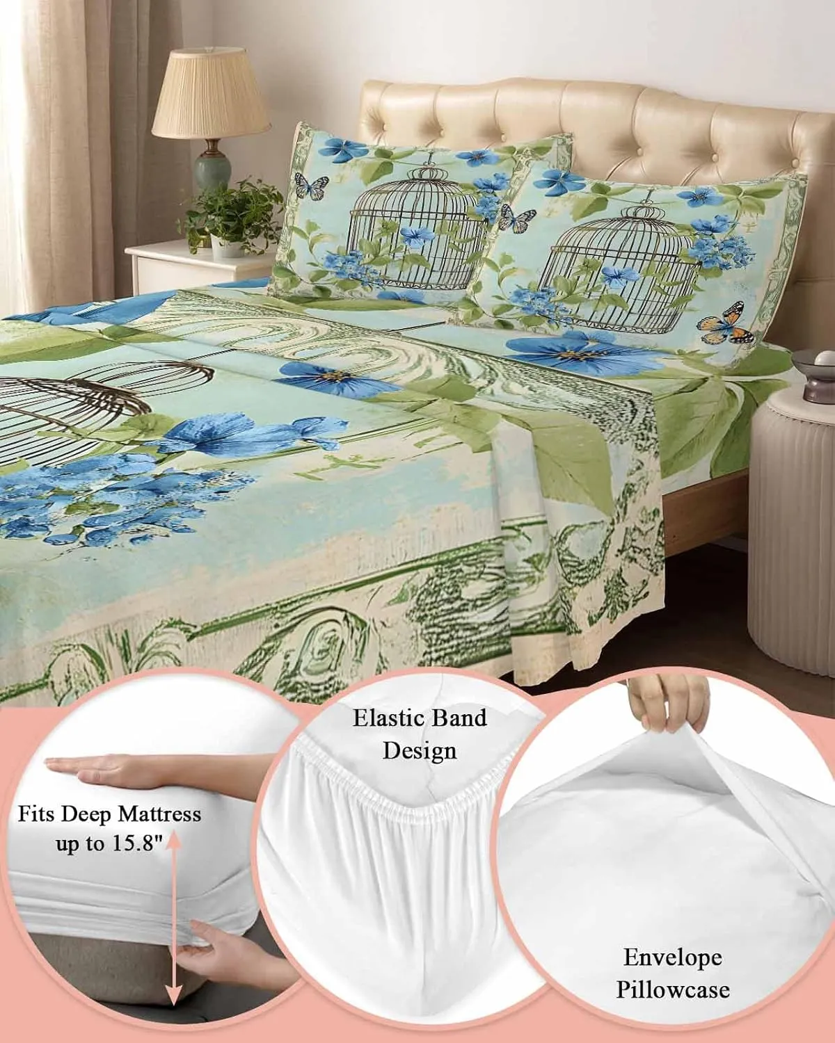 Birds Cage King Sheet Set 4 Piece Bedding - Green Botanical Blue Floral Breathable Comfy Cooling Bed Sheets & Pillowcase Sets, Hotel Luxury Flat Sheets Deep Pockets Fitted Sheet for Women Men