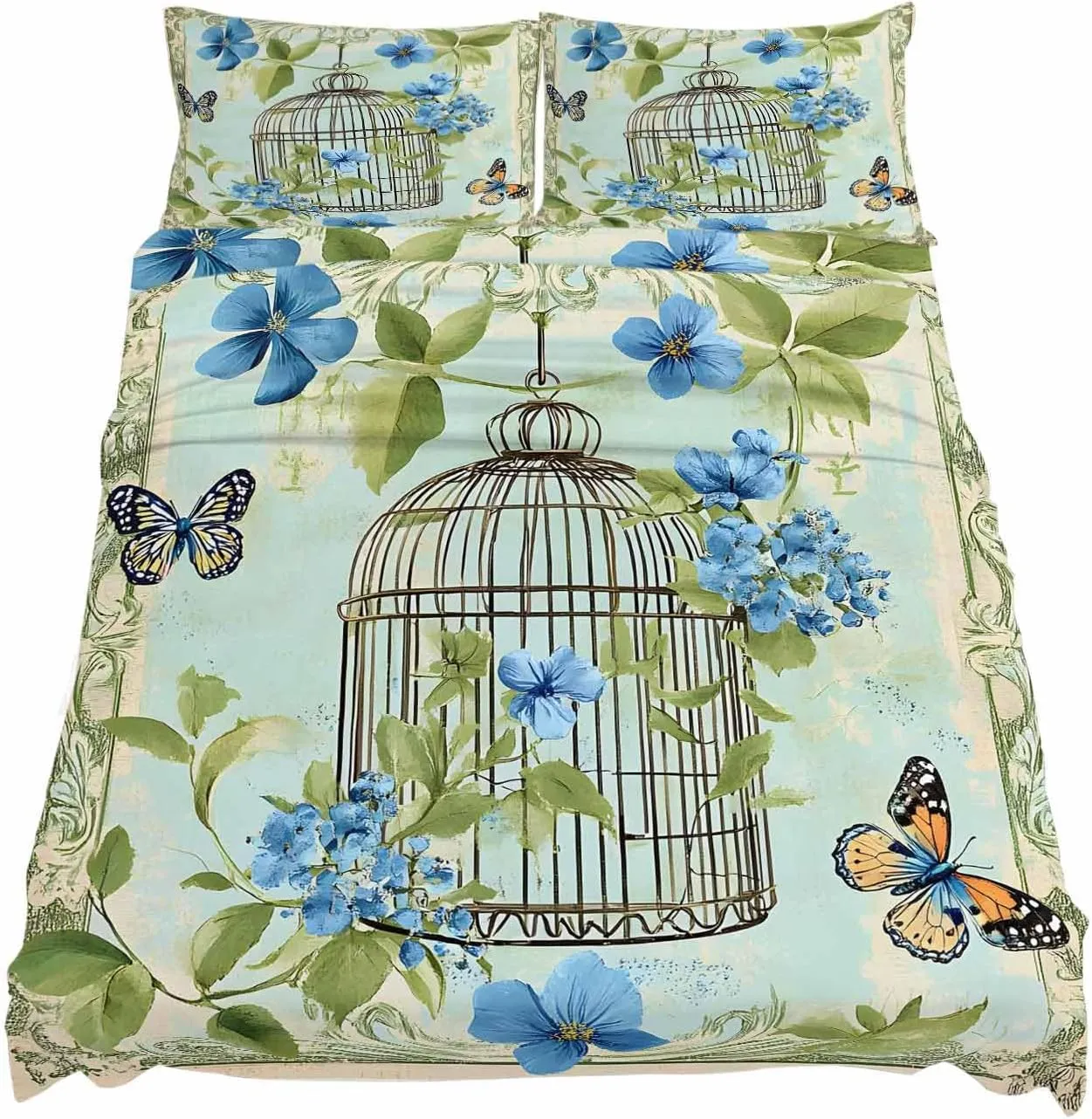 Birds Cage King Sheet Set 4 Piece Bedding - Green Botanical Blue Floral Breathable Comfy Cooling Bed Sheets & Pillowcase Sets, Hotel Luxury Flat Sheets Deep Pockets Fitted Sheet for Women Men