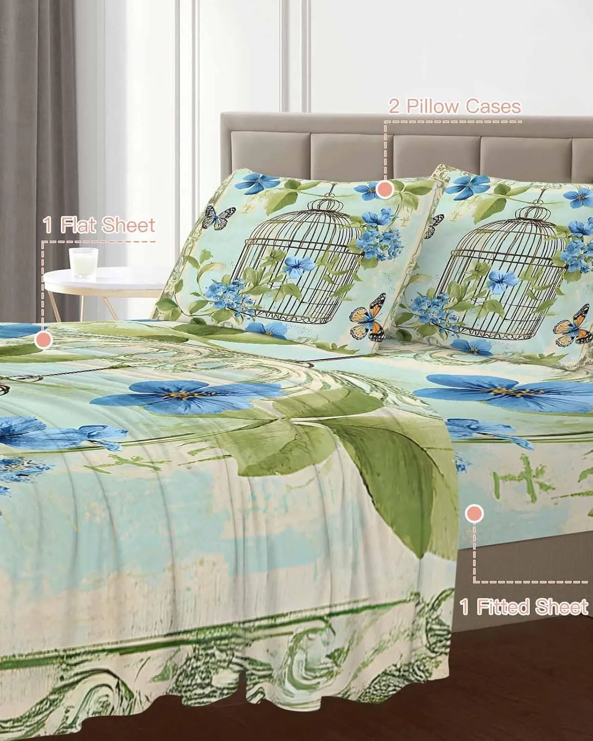 Birds Cage King Sheet Set 4 Piece Bedding - Green Botanical Blue Floral Breathable Comfy Cooling Bed Sheets & Pillowcase Sets, Hotel Luxury Flat Sheets Deep Pockets Fitted Sheet for Women Men