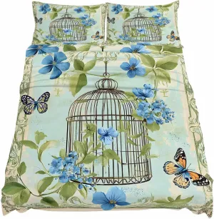 Birds Cage King Sheet Set 4 Piece Bedding - Green Botanical Blue Floral Breathable Comfy Cooling Bed Sheets & Pillowcase Sets, Hotel Luxury Flat Sheets Deep Pockets Fitted Sheet for Women Men