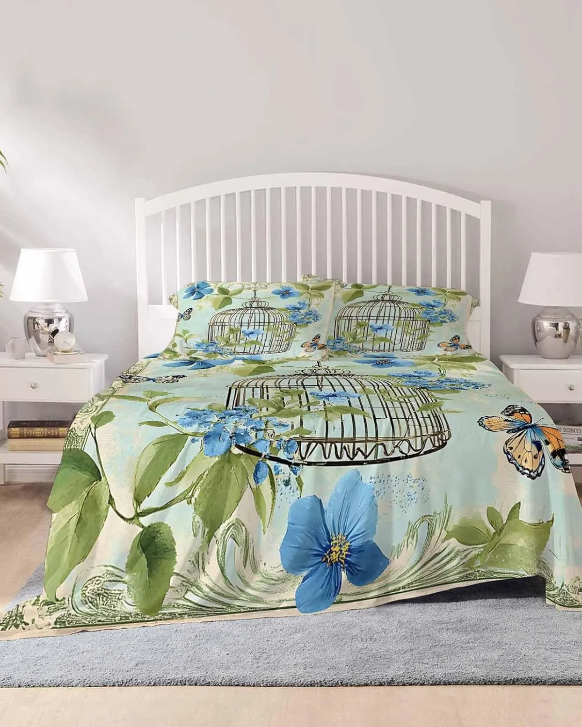Birds Cage King Sheet Set 4 Piece Bedding - Green Botanical Blue Floral Breathable Comfy Cooling Bed Sheets & Pillowcase Sets, Hotel Luxury Flat Sheets Deep Pockets Fitted Sheet for Women Men