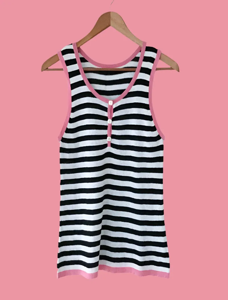 Black & white striped knit sleeveless tank top
