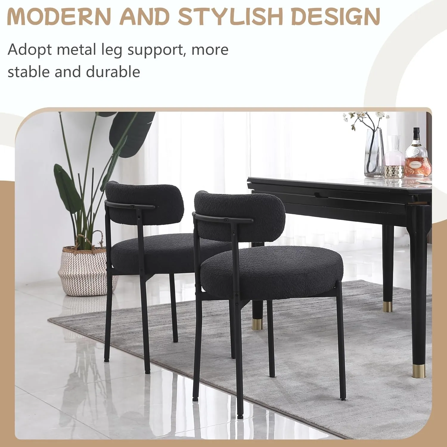 Black Dining Chairs Set of 2 Round Upholstered Boucle Dining Room Chairs Mid-Century Modern Kitchen Chairs Curved Backrest Chairs for Dining Room Black Metal Legs