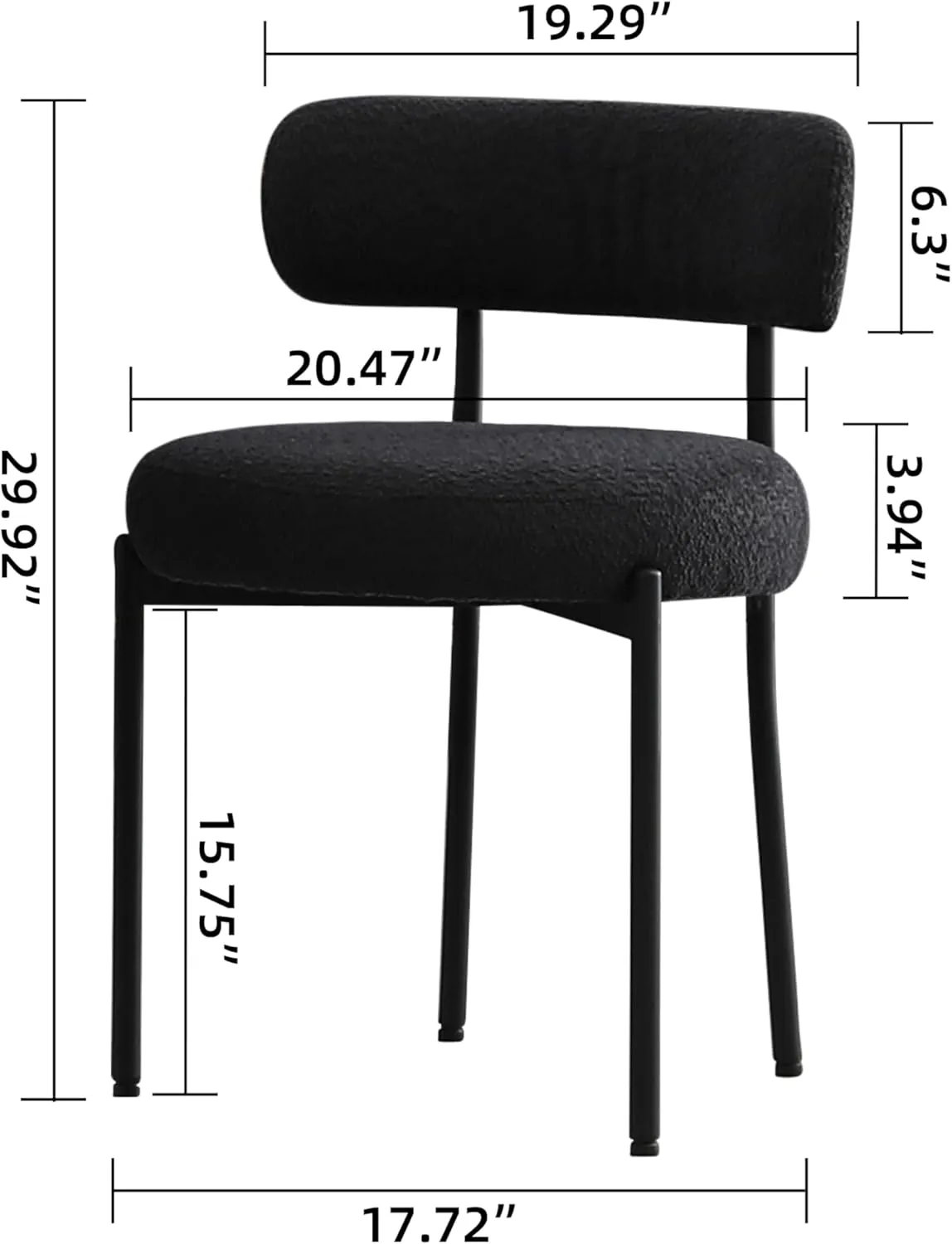 Black Dining Chairs Set of 2 Round Upholstered Boucle Dining Room Chairs Mid-Century Modern Kitchen Chairs Curved Backrest Chairs for Dining Room Black Metal Legs